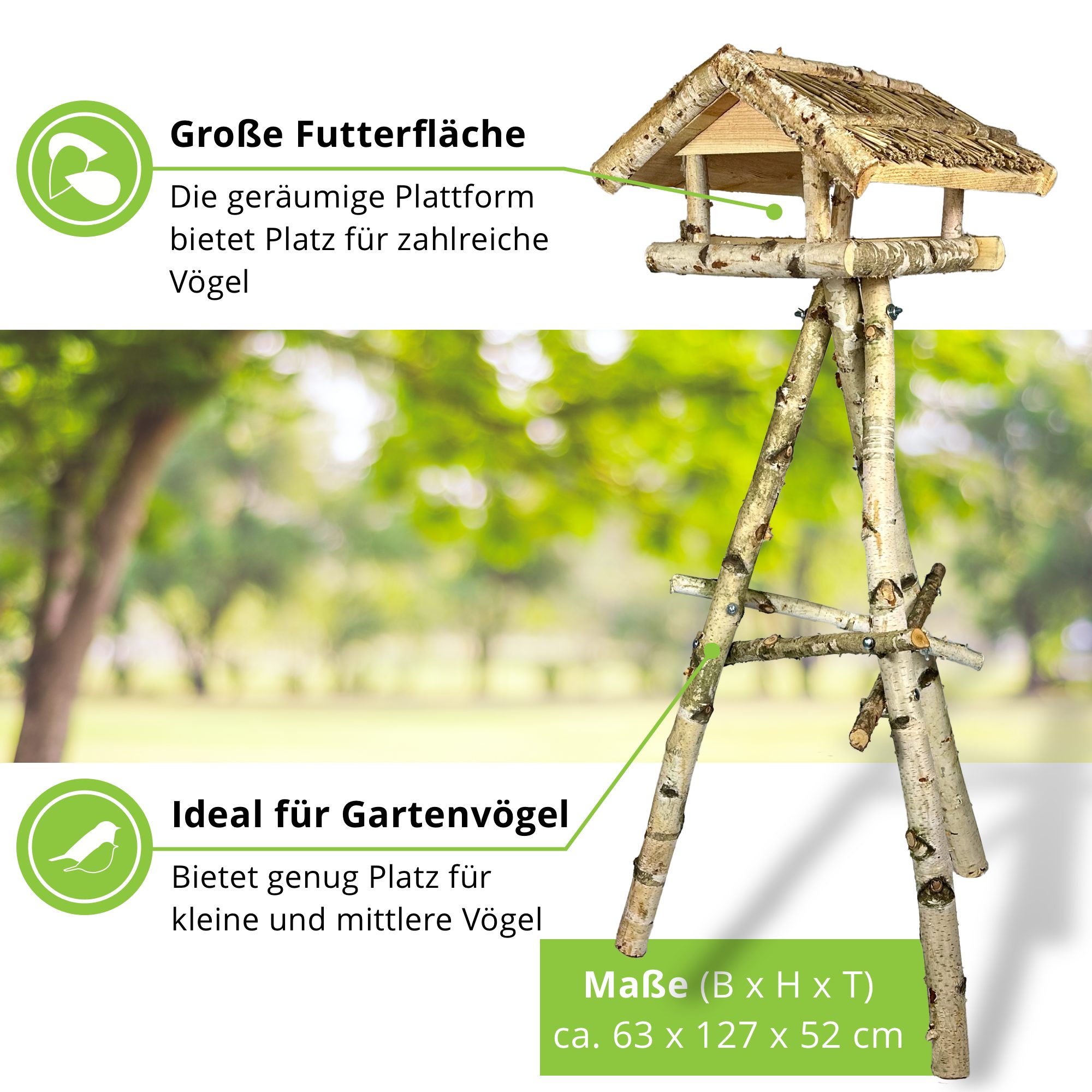 gartenetage Vogelhaus Birke Vogelfutterhaus mit Ständer und Reetdach, liebevolle Handarbeit, Wetterfest