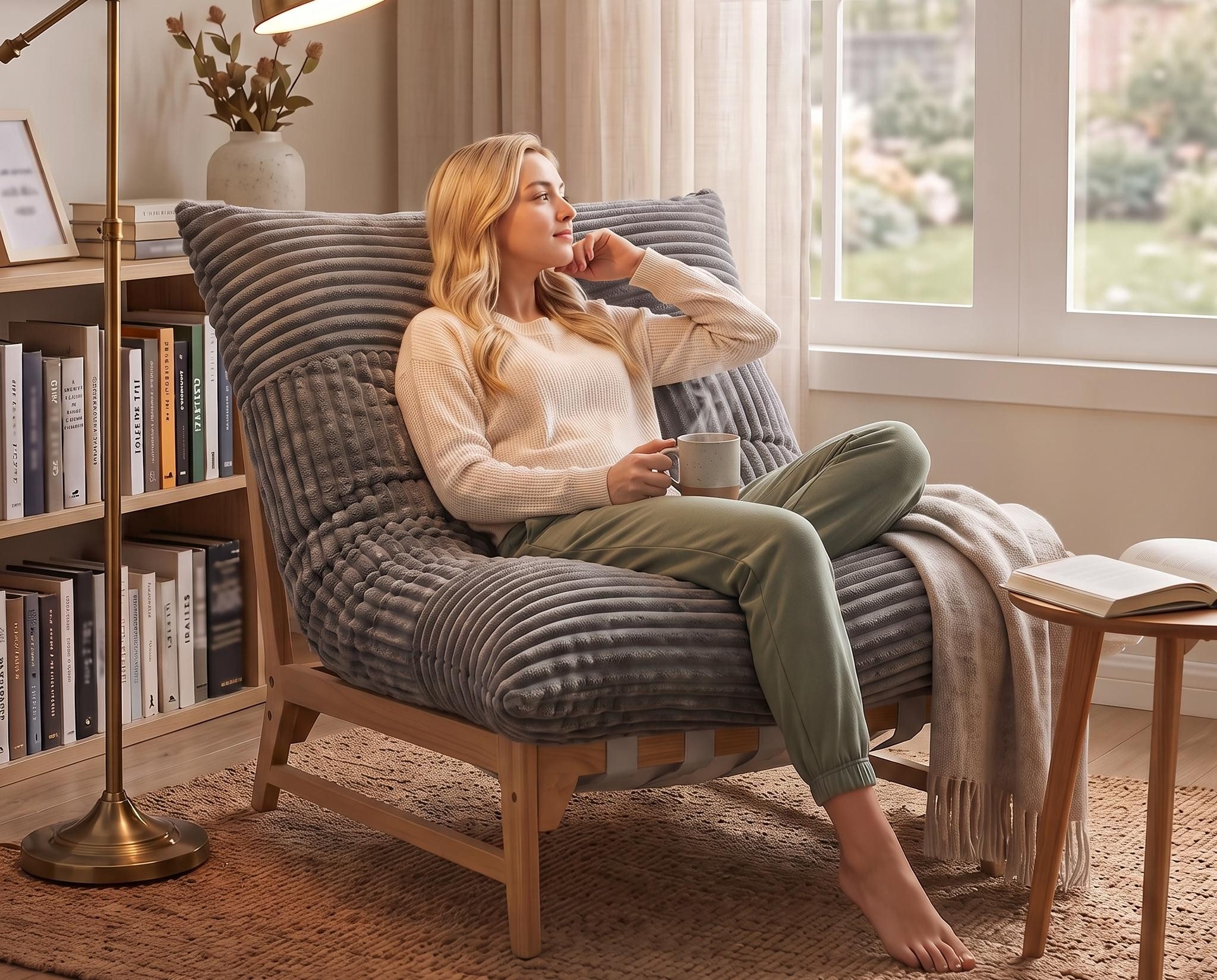 LVHOM Relaxsessel XXL Loungesessel 100x120x76cm, Massivholz, bequem gepolstert (Cordstoff, einteilige Rückenlehne und Sitzkissen, ergonomisches Design, rutschfeste Unterseite, 26cm Bodenfreiheit für einfaches Reinigen mit Saugrobotern), für Schlaf-/Wohn-/Arbeitszimmer/Büros/Leseecken/Entspannungsbereiche