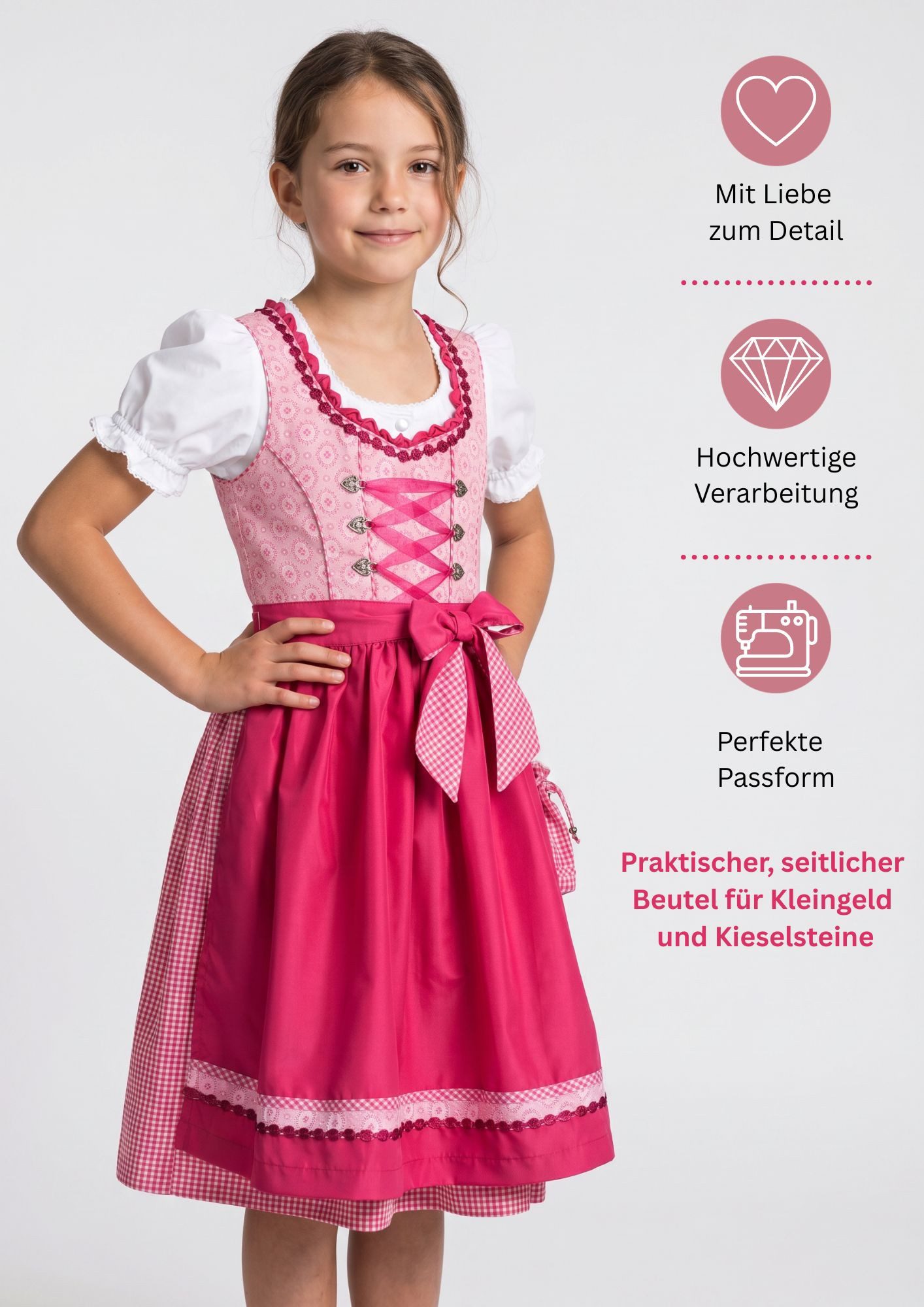 Nübler Dirndl Mädchen Dirndl im traditionellen Stil Kinder Trachten (Dirndl Set NURIA, 3-tlg., Dirndl Kleid mit Bluse und Schürze) Kinder Tracht im bayerischen Stil - Trachtenmode Kinder