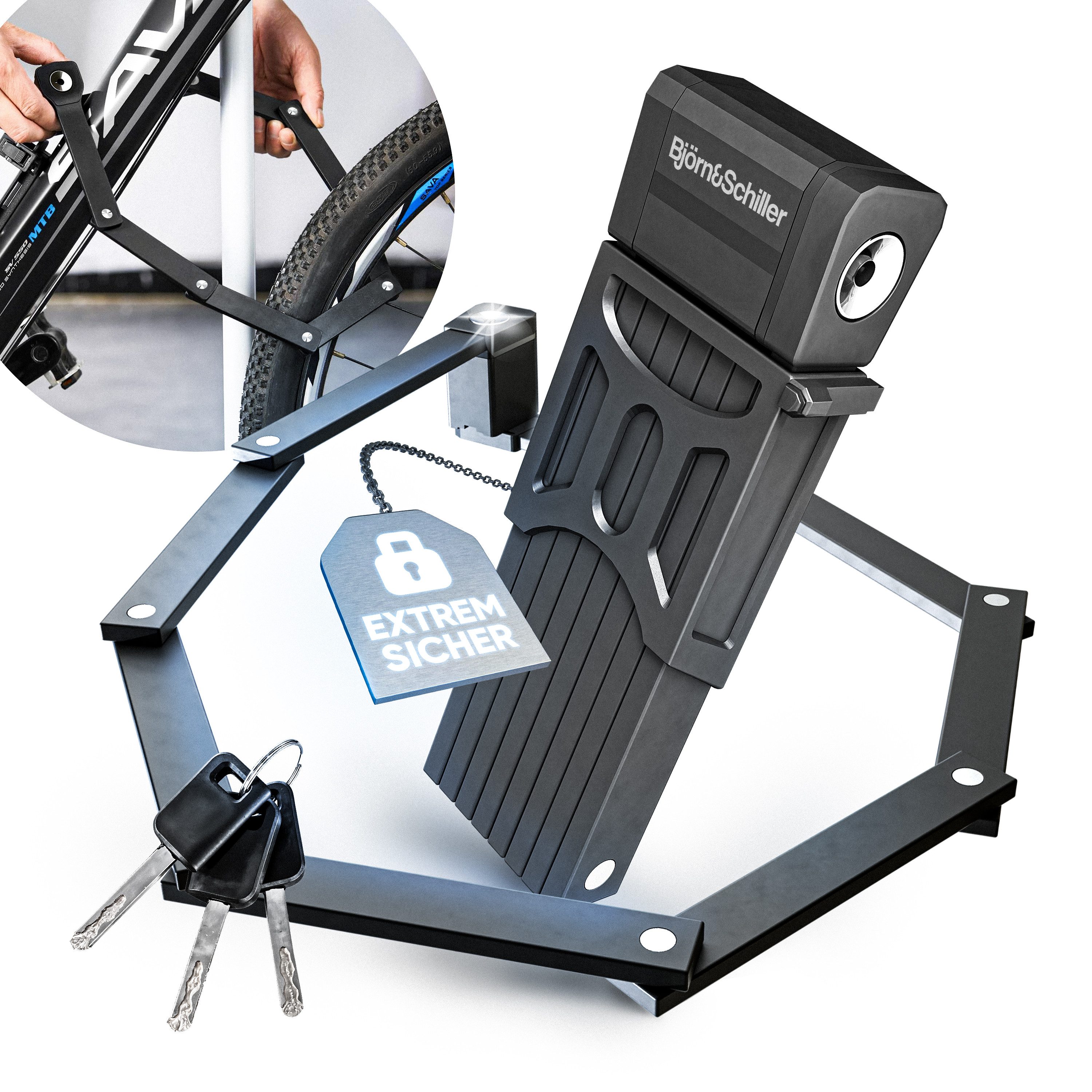 Björn&Schiller Faltschloss Bike Lock mit Halterung, sicheres, kompaktes Fahrradschloss 135 cm (mit 3 Schlüssel), verstärkte Ausführung, perfekter Schutz für Fahrrad, Rennrad, E-Bike