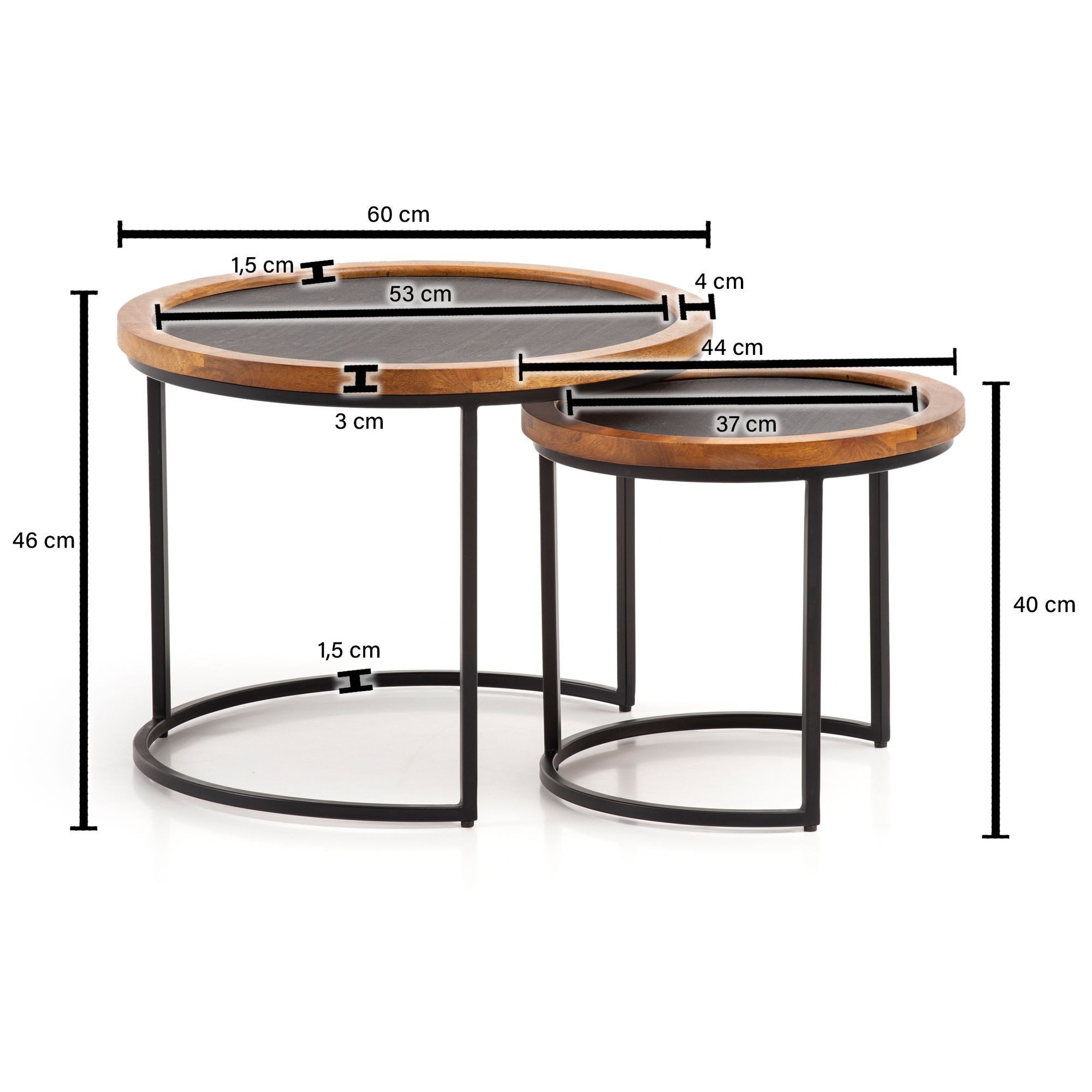 FINEBUY Satztisch FB95679 Couchtisch Wohnzimmertisch 2er Set Rund Holz / Steinoptik (Wohnzimmertisch Modern, Sofatisch 2-teilig), Couchtisch 2er Set Mango Massivholz / Steinoptik