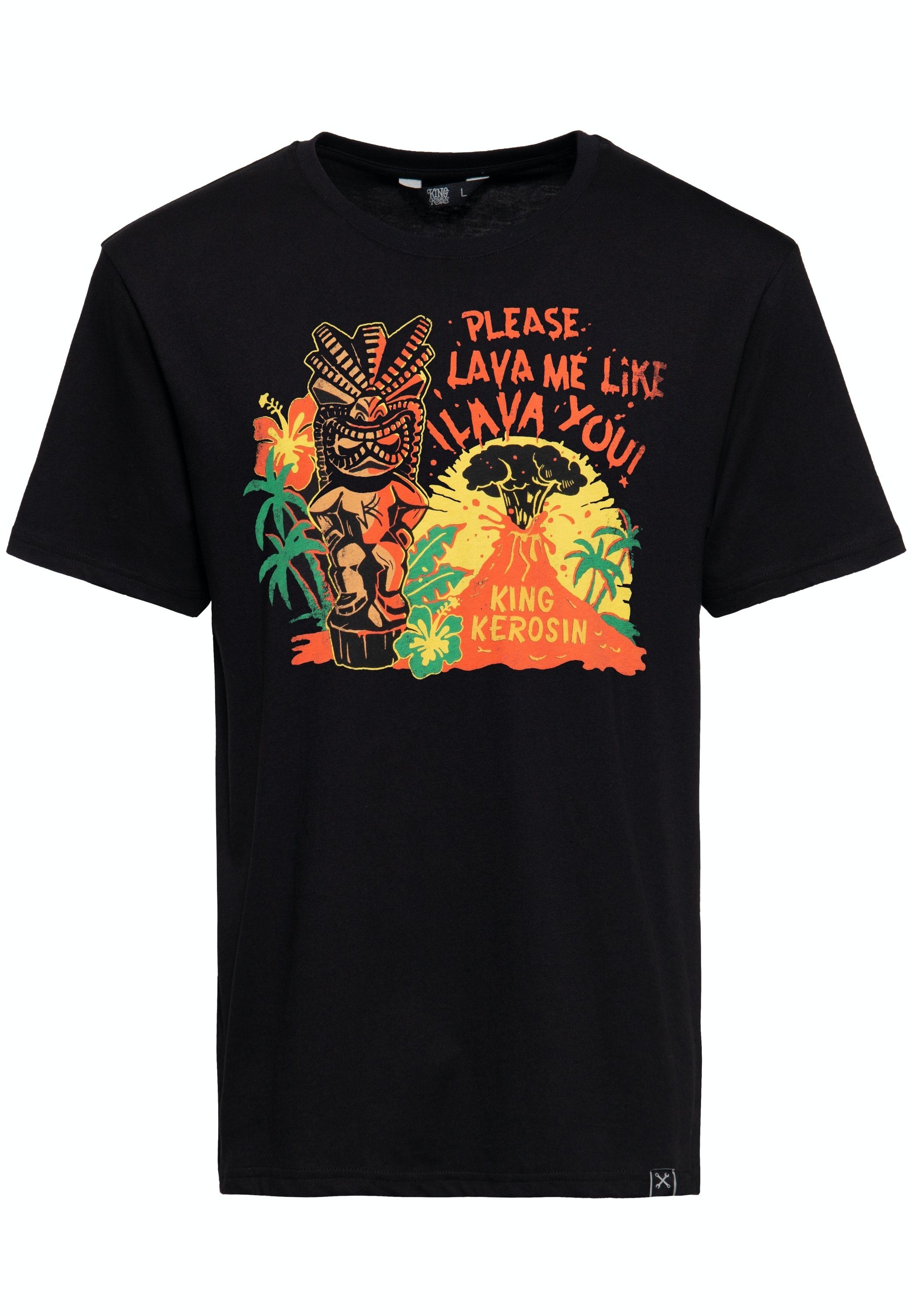 Print-Shirt mit im Design schwarz Print (1-tlg) "Hawaii-Tikki" Retro Front Lava KingKerosin