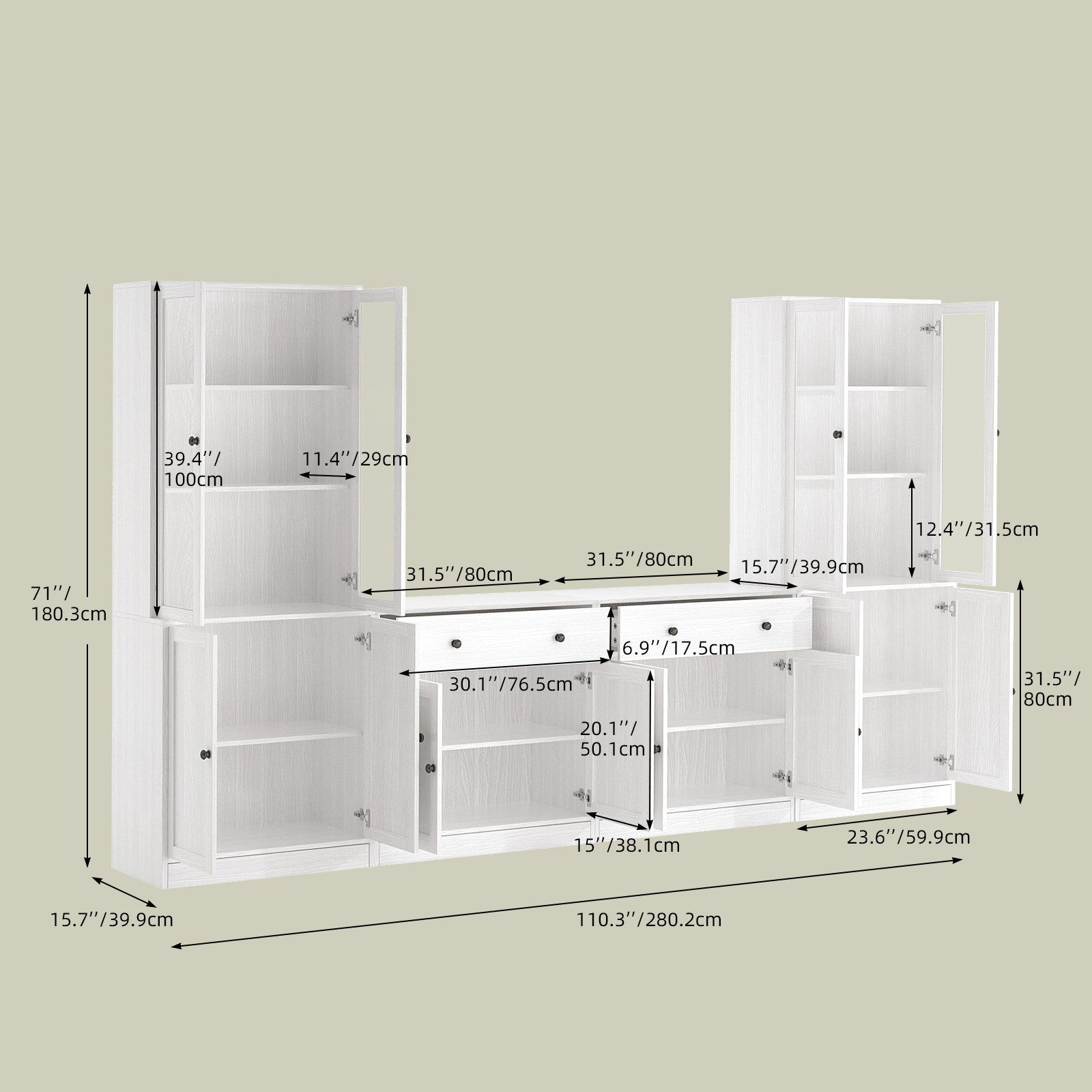 VOWNER TV-Schrank mit Bücherregalen für Fernseher bis zu 70 Zoll, 280 cm TV-Ständer (4-St) Wohnzimmer-Fernsehschrank mit gehärteten Glastüren und Einlegeböden
