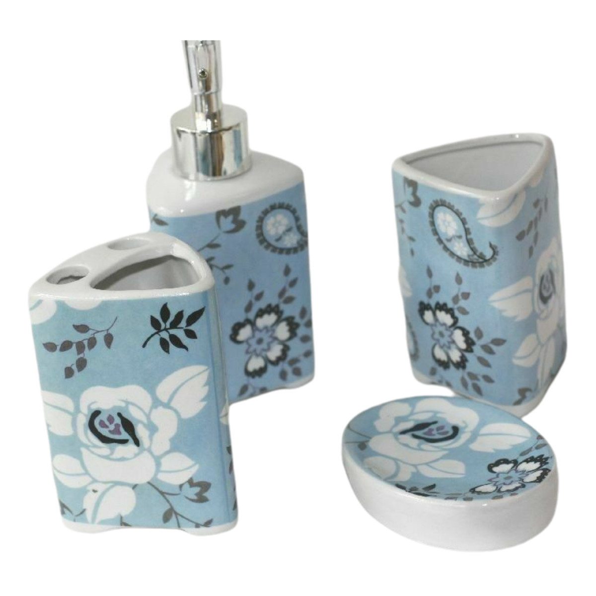 emeco Seifenablage 4tlg PORZELLAN BADSET BADEZIMMER BAD SET SEIFENSPENDER WC farben BLAU, 4-St.