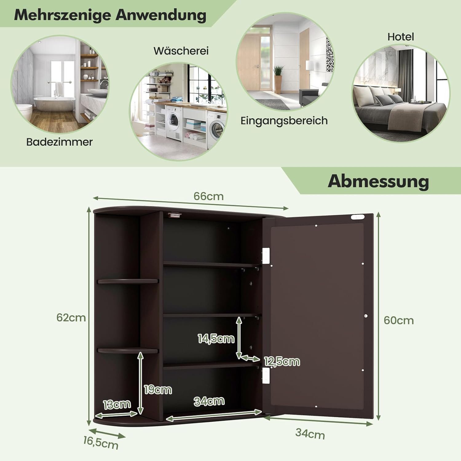KOMFOTTEU Spiegelschrank Badschrank Hängeschrank Wandschrank mit Ablagen, 66 x 17 x 63 cm