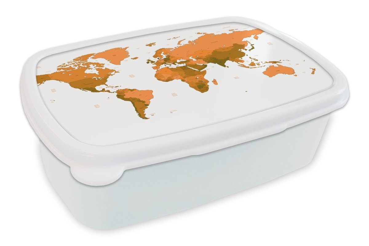 MuchoWow Lunchbox Weltkarte - Orange - Einfach, Kunststoff, (2-tlg), Brotbox für Kinder und Erwachsene, Brotdose, für Jungs und Mädchen weiß