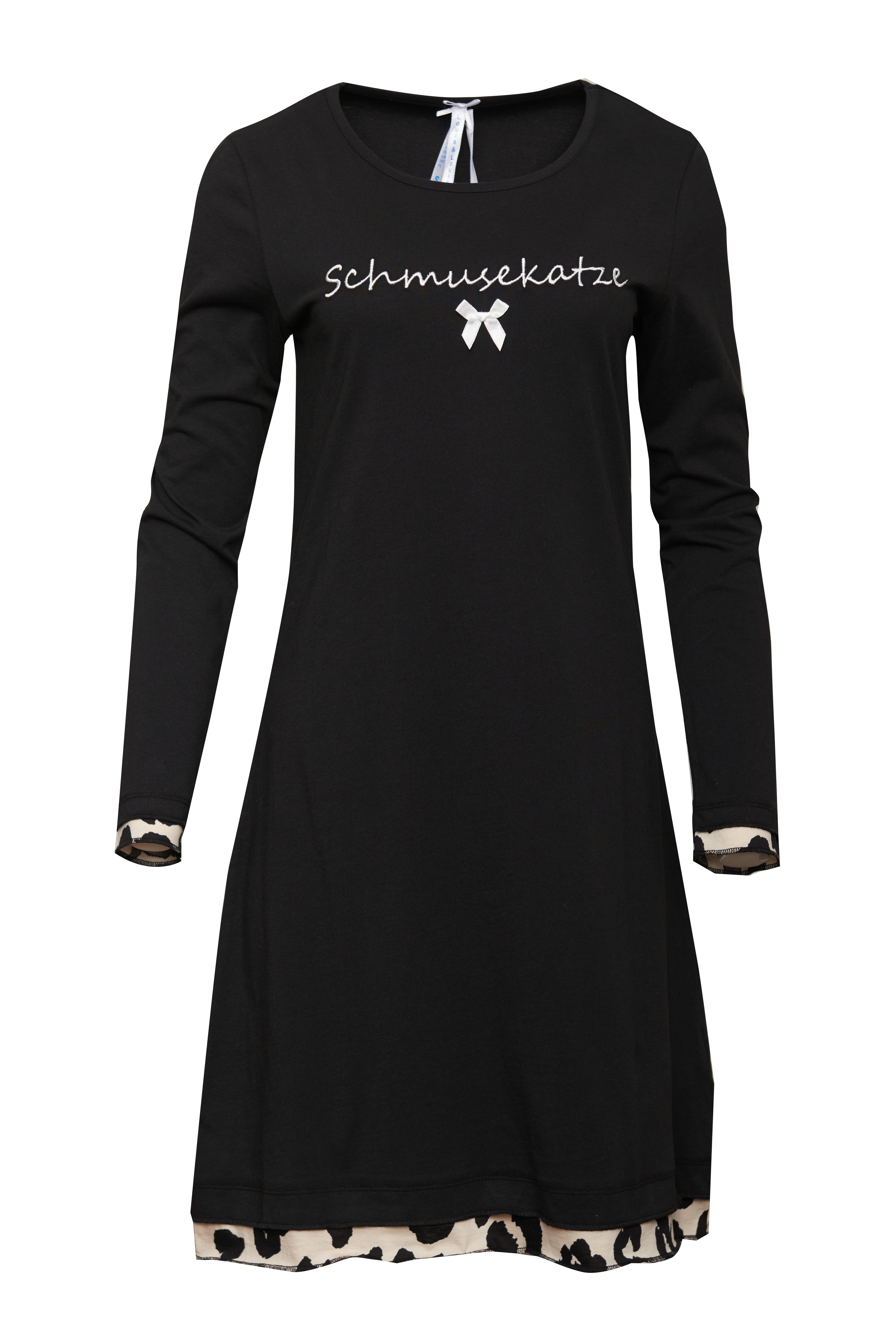 Louis & Louisa Pyjama Louis & Louisa Damen Nachthemd „Schmusekatze“,schwarz I 100% Baumwolle