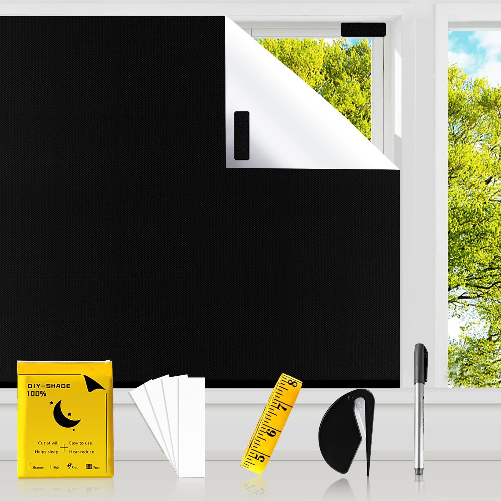Verdunklungsrollo 420D Oxford-Stoff-Verdunkelungsvorhänge, Fenster Verdunkelung, BlingBin, verdunkelnd, Ohne Bohren, Haken- und Schleifenklebeband, 145 x 300 cm, Hitzeschutz Ohne Bohren Vorhang DIY Schwarz