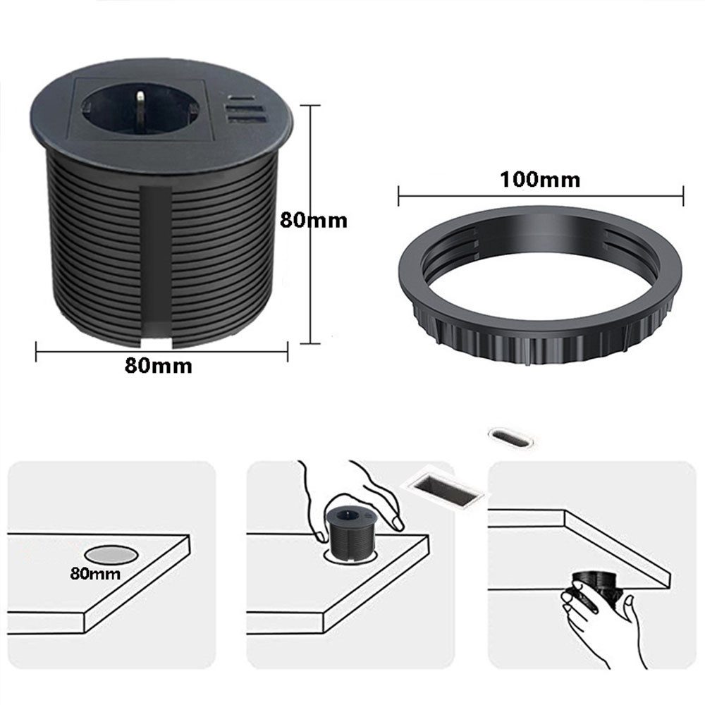 VIVIHEYDAY Unterputz-Steckdose Einbau steckdosenleiste mit PD 10W USB-C, Einbausteckdose, mit USB für Möbel Tischplatte, Tischsteckdose Einbau 1,7M Kabel