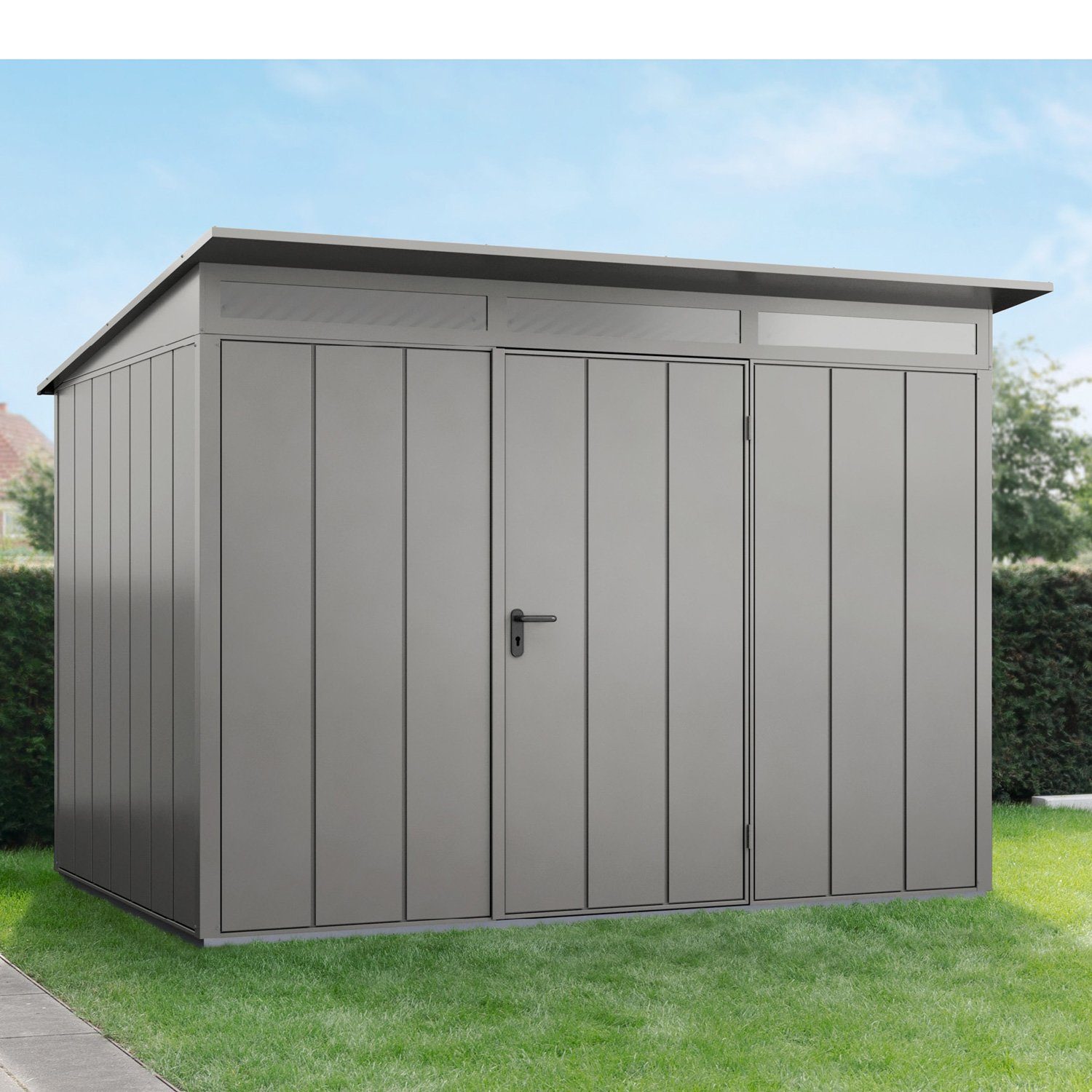 Hörmann Ecostar Gerätehaus Elegant mit Pultdach (313 x 283 cm), Metall,  Maße: 312,7 x 283,4 x 232,3 cm (B x T x H)