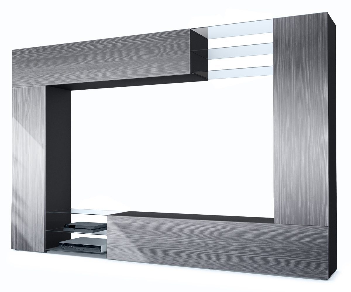 Vladon Wohnwand Mirage, (Anbauwand mit Rückwand mit 2 Türen, 4-St., 2 Klappen und 6 offenen Glasablagen), Schwarz matt/Avola-Anthrazit (262 x 183 x 39 cm) Front in Avola-Anthrazit