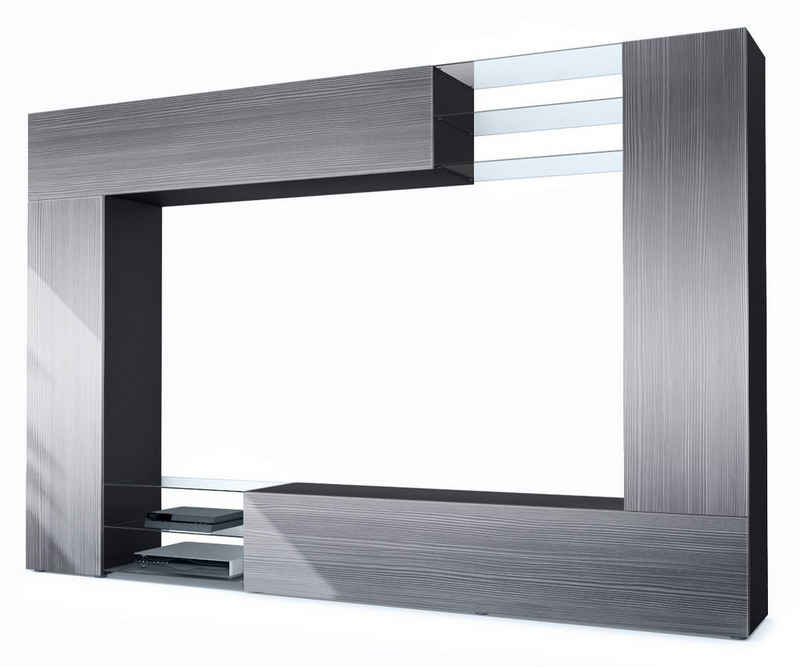 Vladon Wohnwand Mirage, (Anbauwand mit Rückwand mit 2 Türen, 4-St., 2 Klappen und 6 offenen Glasablagen), Schwarz matt/Avola-Anthrazit (262 x 183 x 39 cm)