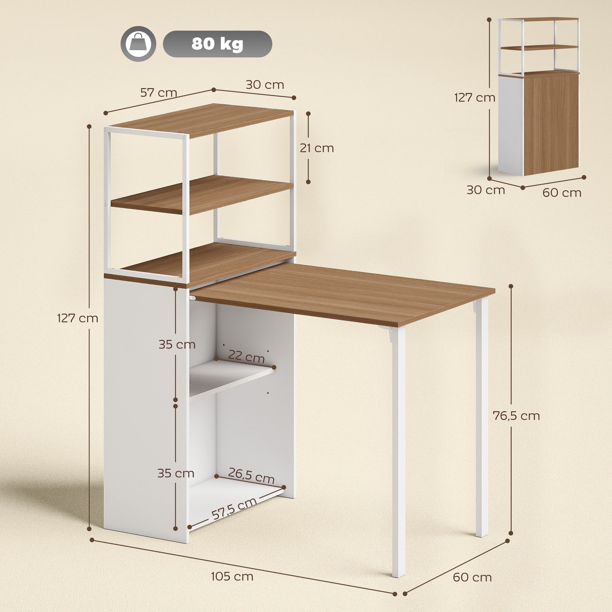 HOMCOM Schreibtisch Klappbarer Küchentisch mit 4 Regal Arbeitstisch Büroregal (Computertisch, 1-St., Schreibtisch mit 4 Regale), für Arbeitszimmer, Wohnzimmer, Naturholz