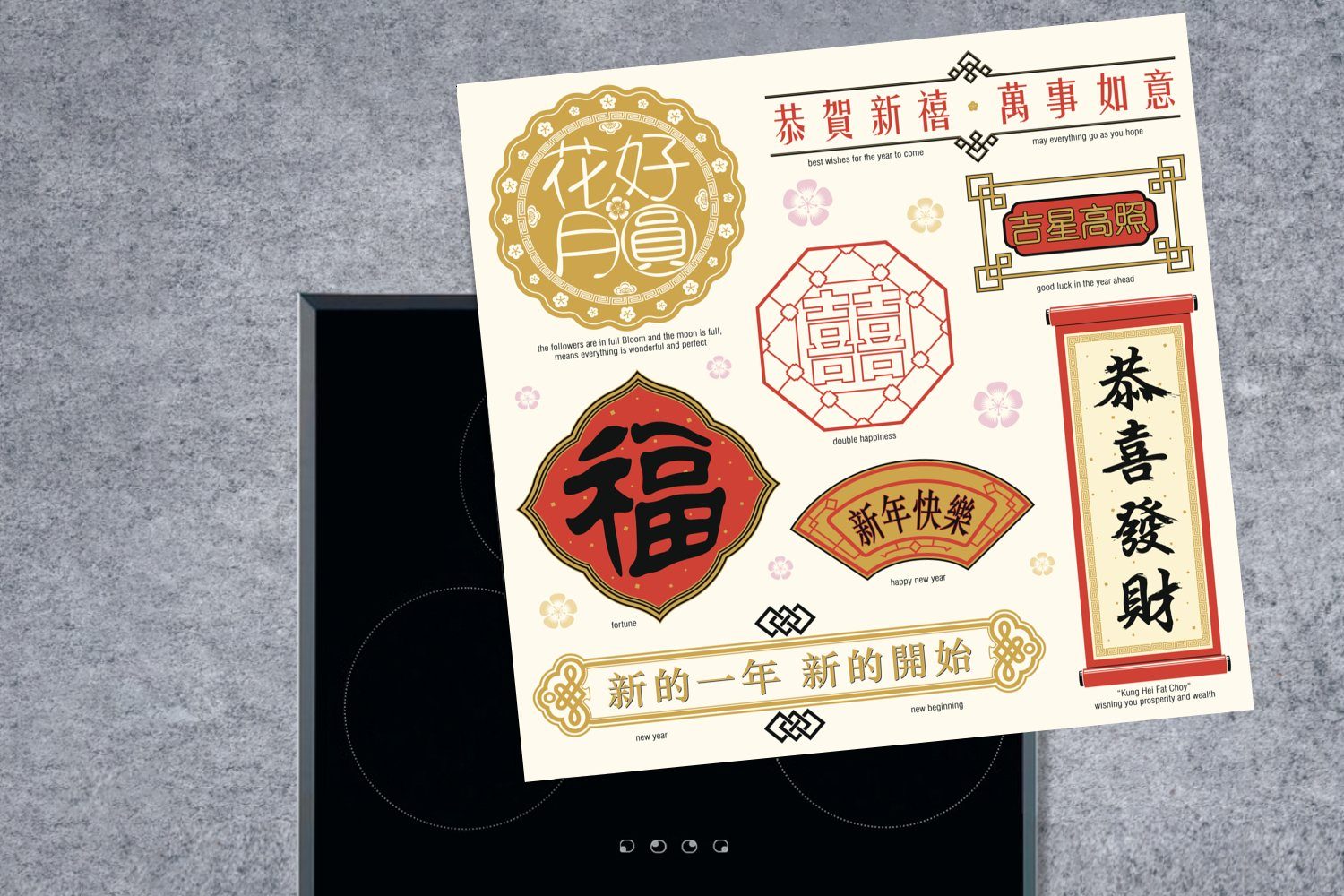 MuchoWow Herdblende-/Abdeckplatte Chinesische Texte (1 tlg), Arbeitsplatte Vinyl, für küche mit cm, Bedeutungen, Ceranfeldabdeckung, 78x78