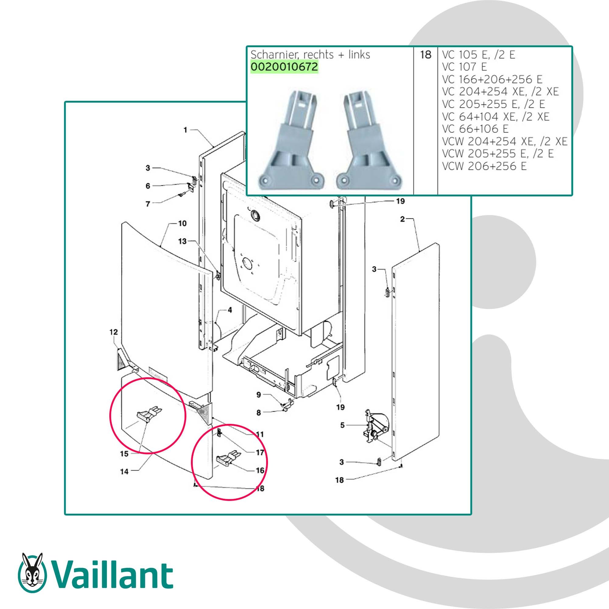 Vaillant Heizgerät Scharnier, rechts + links VC 105 E, 107E, 166+206+256 E, 204+254XE