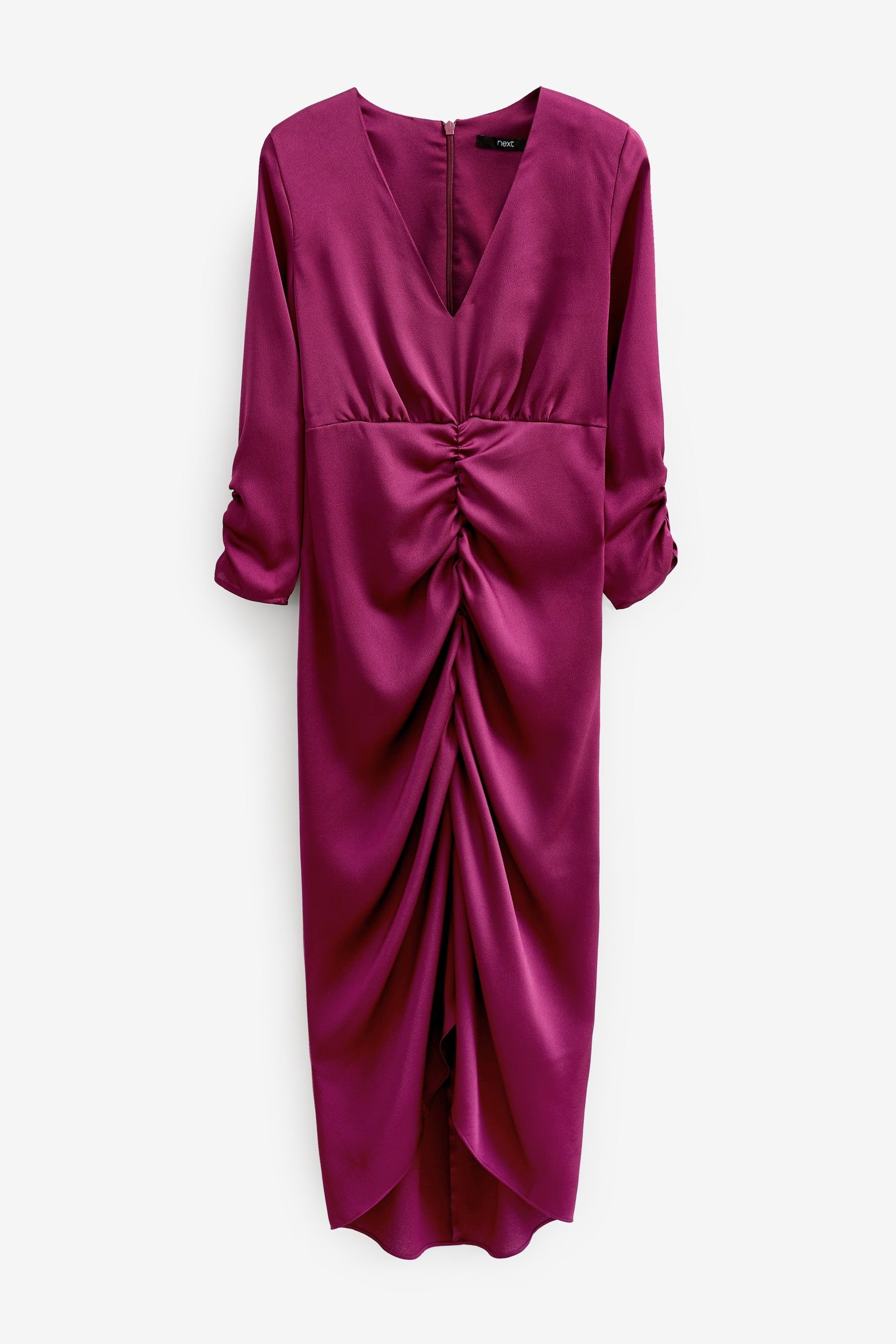 Damen Midikleid Aus Satin - Elegantes Kleid Mit V-Ausschnitt & Asymmetrischem Saum