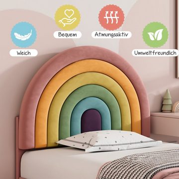 BlingBin Jugendbett Polsterbett Jugendbett Regenbogen Design Samt 90*200 (mit Lattenrost und Kopfteil, höhenverstellbares Kopfteil, rosa), Beinhöhe 16 Zentimeter