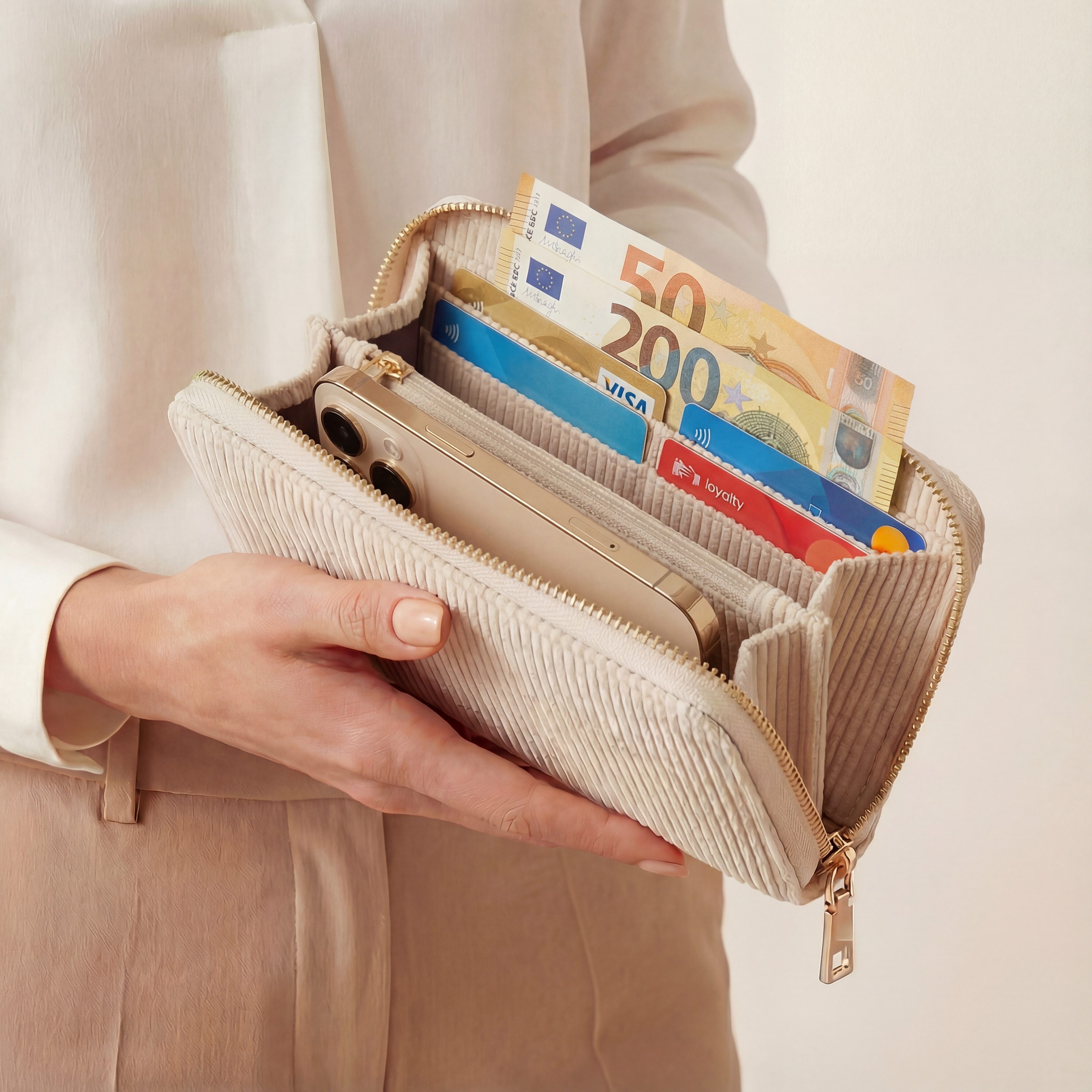 MillyMilk Geldbörse FONDO LARGE – Großer Damen Cord Geldbeutel – Stoff Portemonnaie, Cord-Geldbörse mit stabiler Form, viel Platz und Reißverschluss.