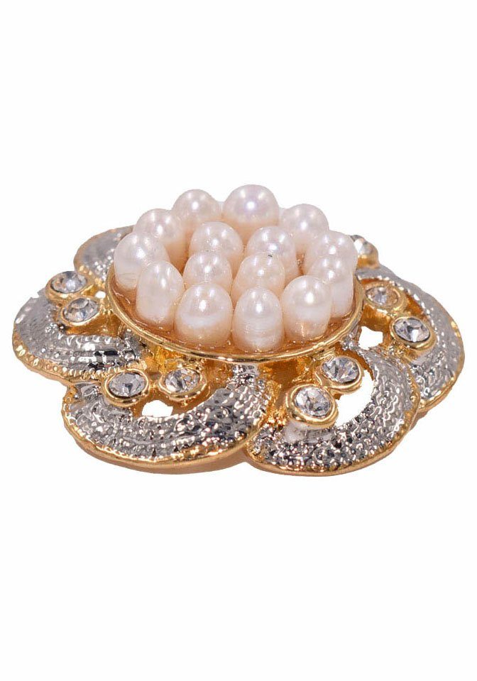 Firetti Brosche Schmuck Geschenk Ansteckschmuck Blume Glitzersteine, mit Strassstein - mit Süßwasserzuchtperle