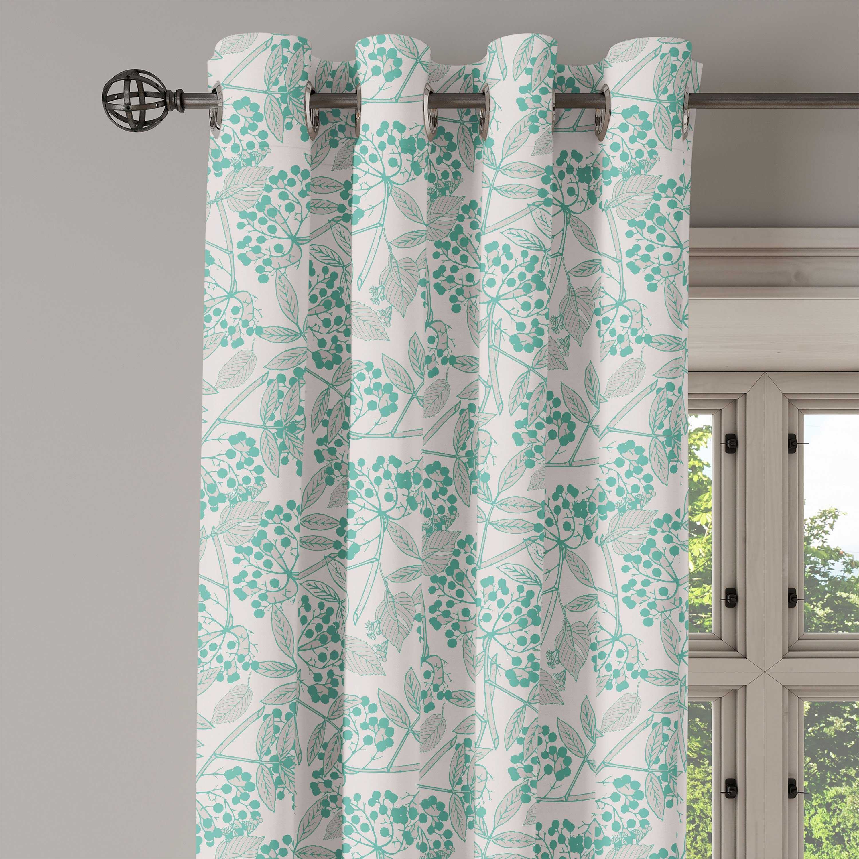 Gardine Dekorative 2-Panel-Fenstervorhänge für Schlafzimmer Abakuhaus, Wohnzimmer, Beeren Teal Blätter Creeper