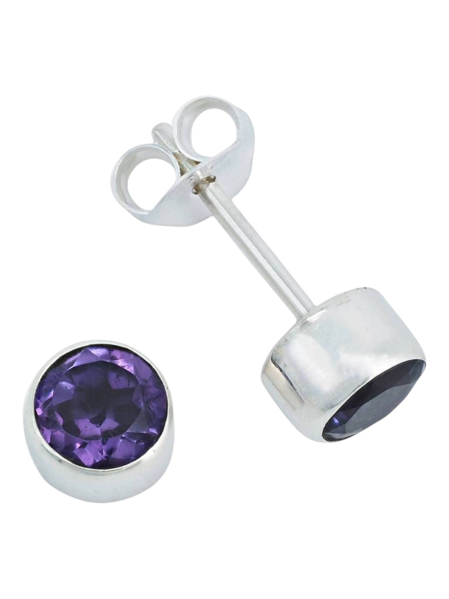 mantraroma Paar Ohrstecker SAMA rund klein aus 925 Silber mit Amethyst facettiert (Paar, Paar Ohrringe mit Schmuckbeutel), 925 Sterling Silber Ohrringe für Damen