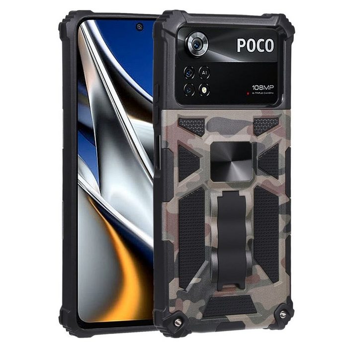 Wigento Handyhülle Für Xiaomi POCO X4 Pro 5G Camouflage Shockproof Armor TPU Schutz Tasche Hülle Cover Army Grün