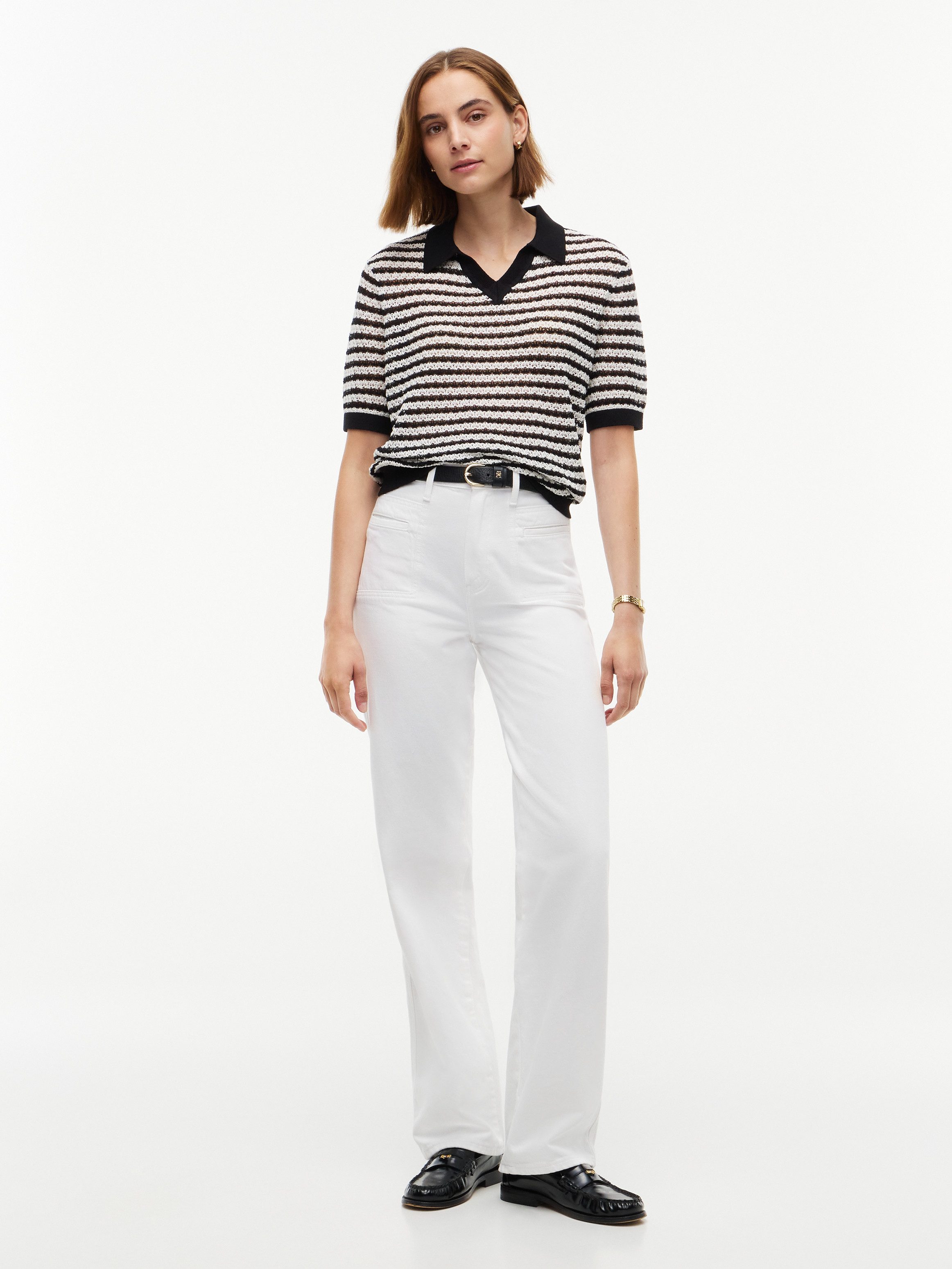Tommy Hilfiger Polokragenpullover POINTELLE V-NK POLO SS Baumwollmischung, Polokragen – Bild 4 von 5