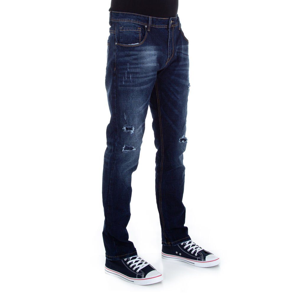 Dunkelblau Jeans Herren Freizeit in Destroyed-Look Stretch-Jeans Ital-Design