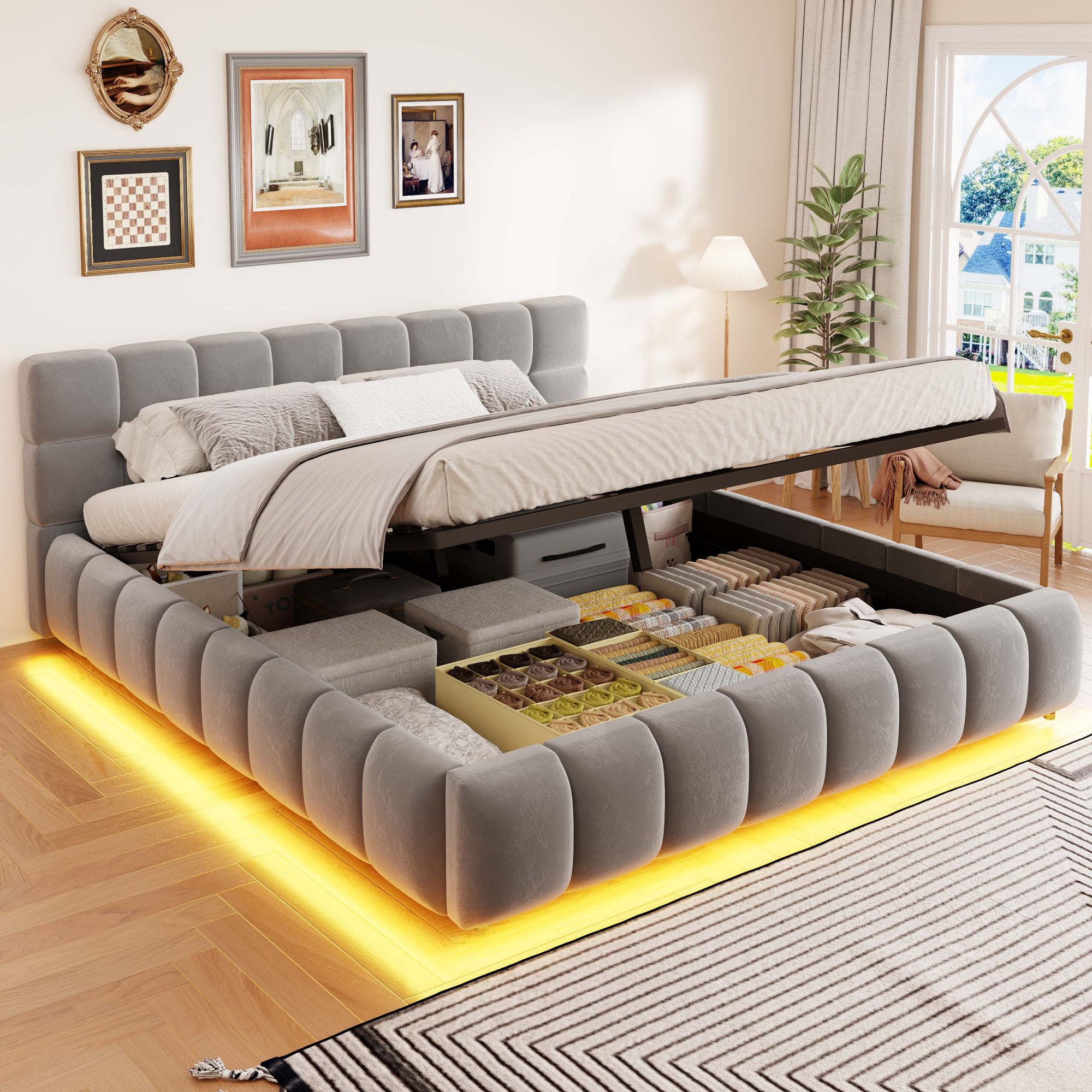 Merax Polsterbett mit LED-Licht & hydraulischem Stauraum (1-tlg), Doppelbett 160×200cm mit voluminösem Kopfteil, Mehrzweckbett, Samt