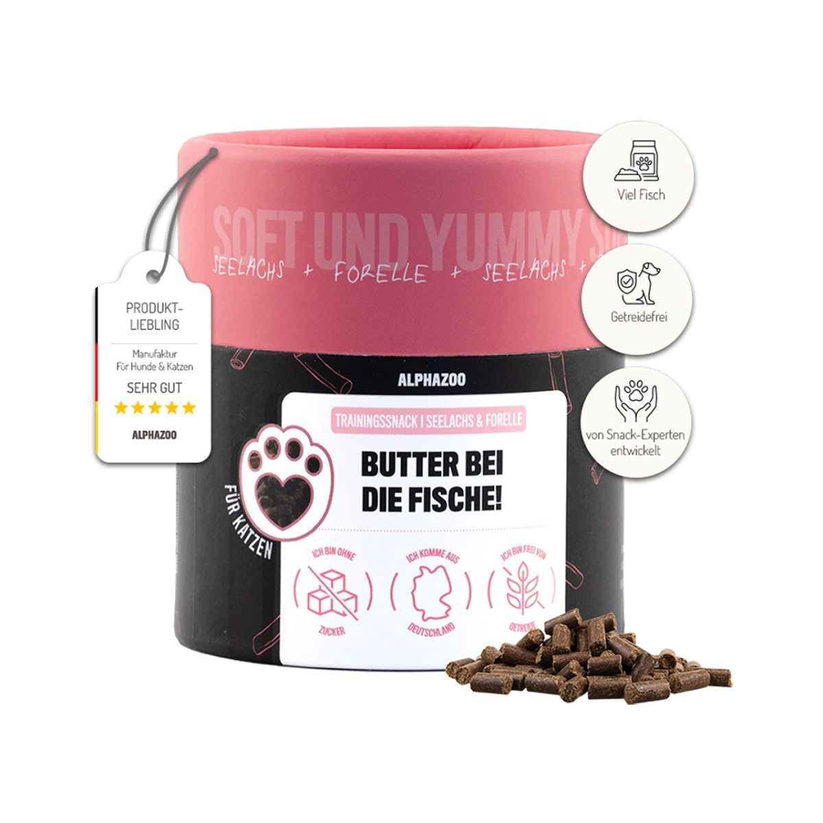 ALPHAZOO Butter Bei Die Fische! 65g, Weiche Katzenleckerli Seelachs Forelle getreidefrei und ohne Zuckerzusatz, Snack für: Katzen, Katzensnack mit viel Fleisch, Fischsnack ohne Getreide