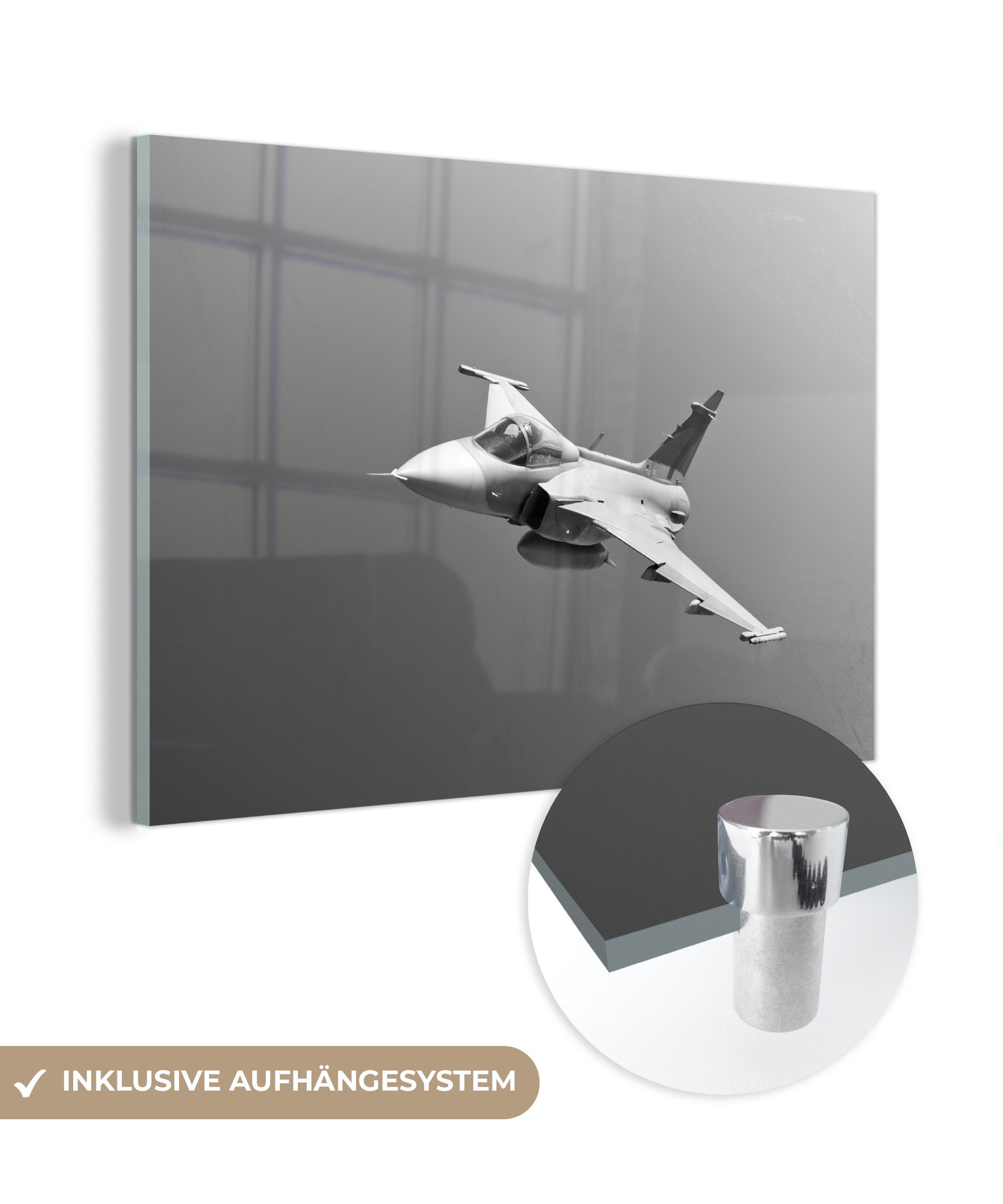 MuchoWow Acrylglasbild Ein weißer Kampfjet am klaren Himmel - schwarz und weiß, (1 St), Acrylglasbilder Wohnzimmer & Schlafzimmer | Bilder