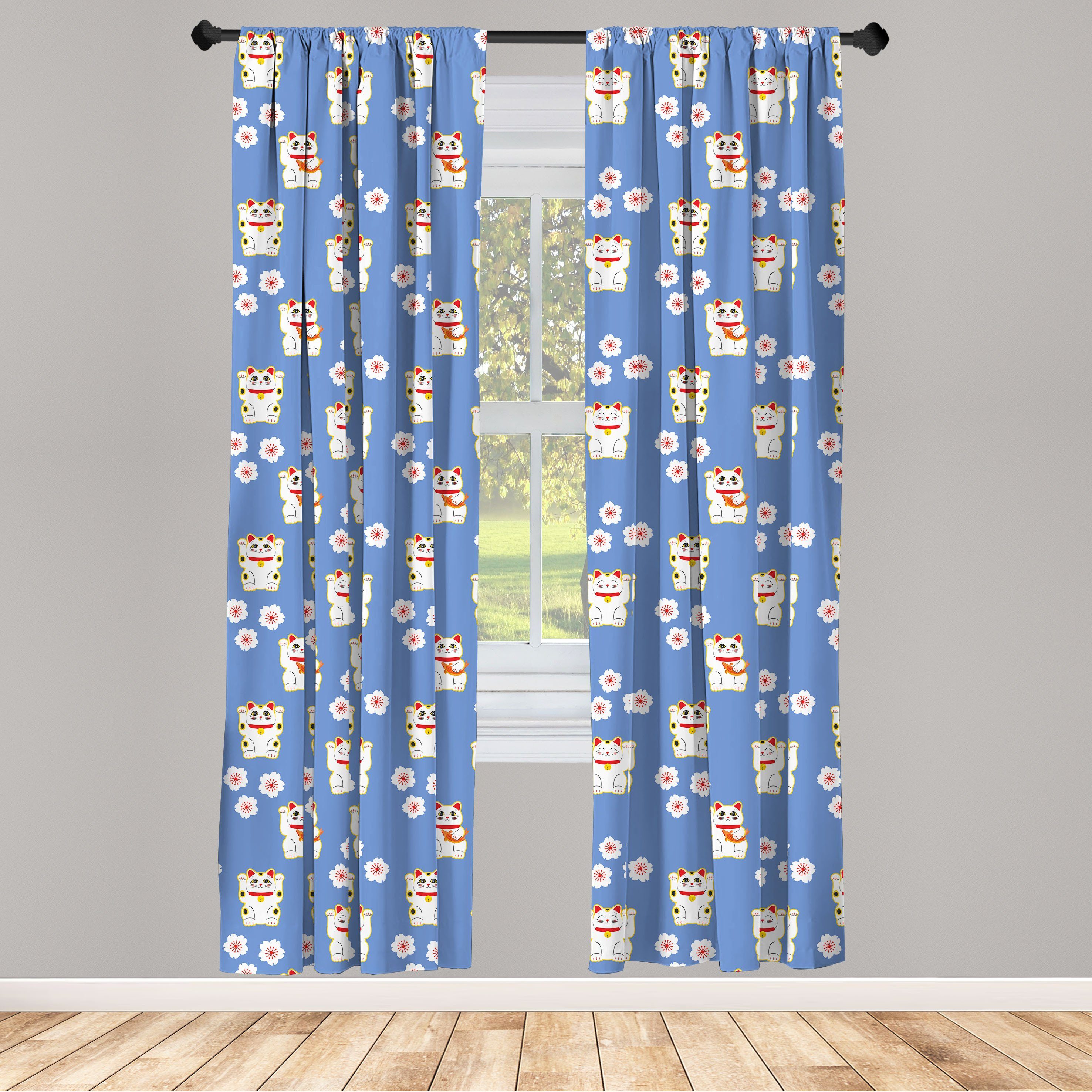 Gardine Vorhang für Wohnzimmer Schlafzimmer Dekor, Abakuhaus, Microfaser, Süße Katze Maneki Neko-Katzen-Muster