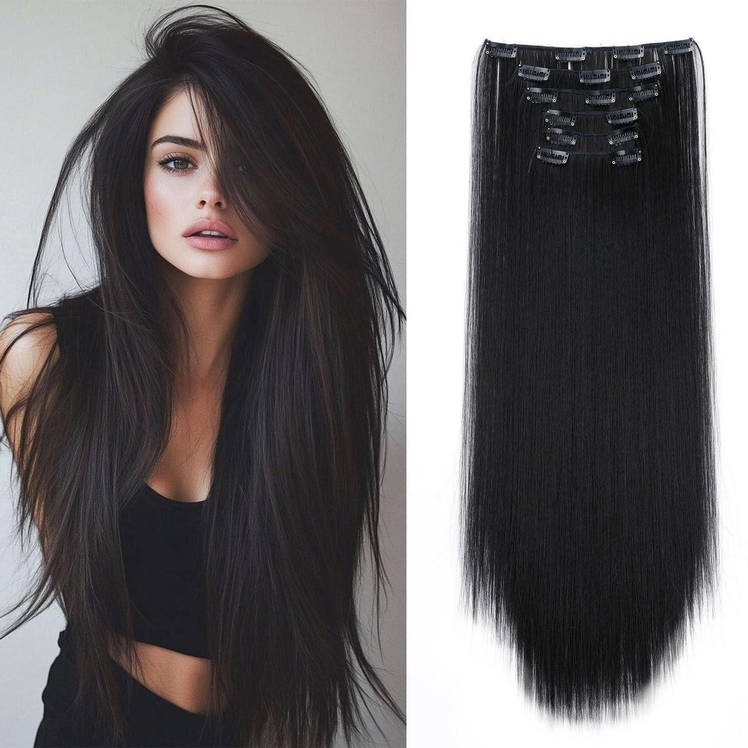 LuxusKollektion Kunsthaar-Extension Haarverlängerung Clip in Extensions Glatt 6 Teile 65 cm Naturschwarz
