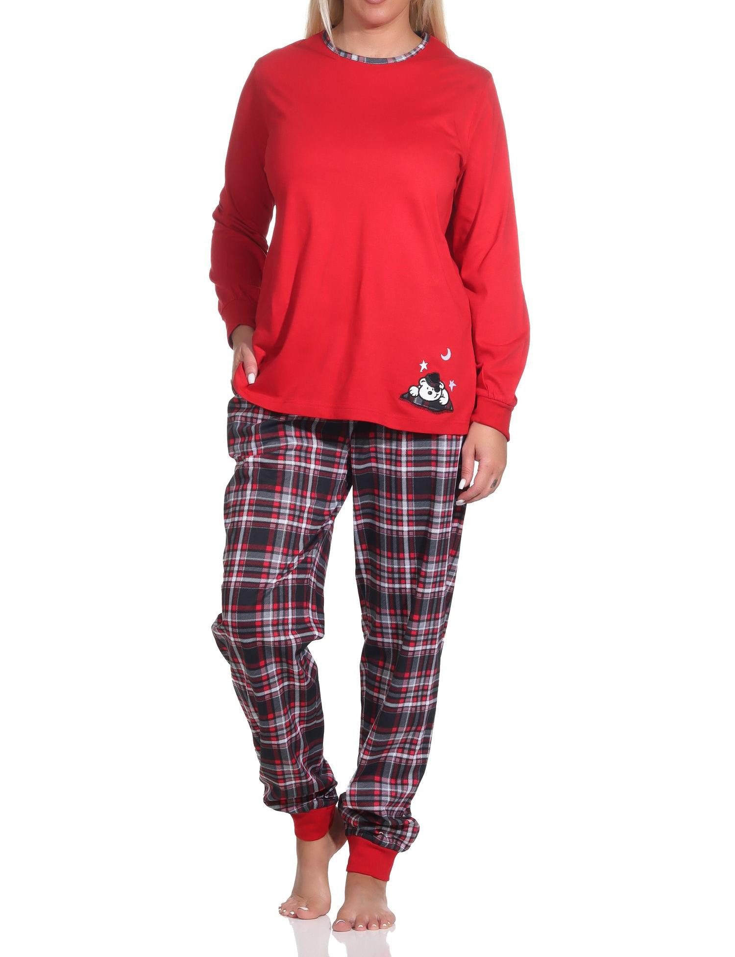 Pyjama Damen Schlafanzug mit Bündchen mit Karohose und süßem Tiermotiv