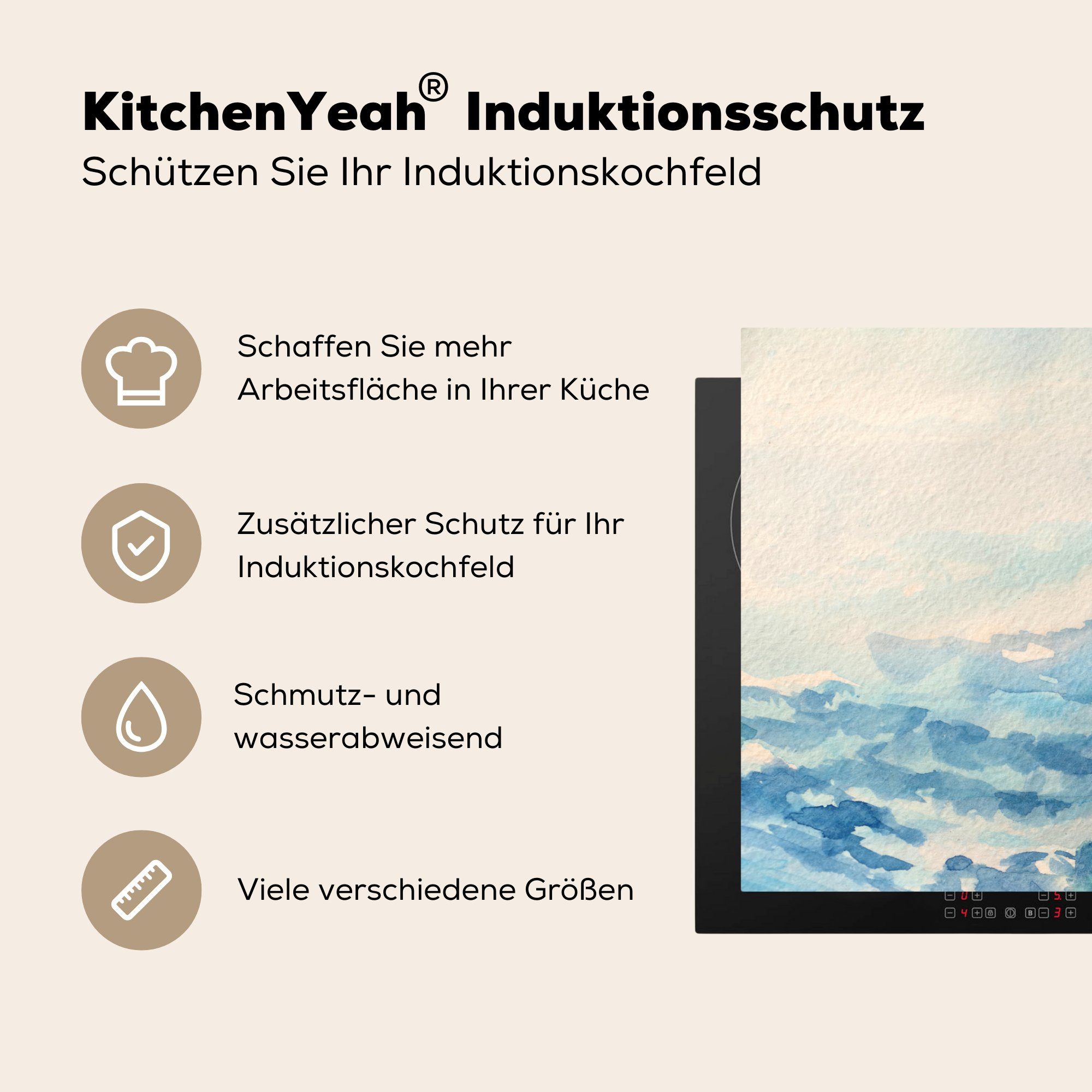 Ceranfeldabdeckung küche, Herdblende-/Abdeckplatte für (1 die cm, Aquarellillustration Abstrakte tlg), Vinyl, MuchoWow von Wellen, Schutz Induktionskochfeld 81x52