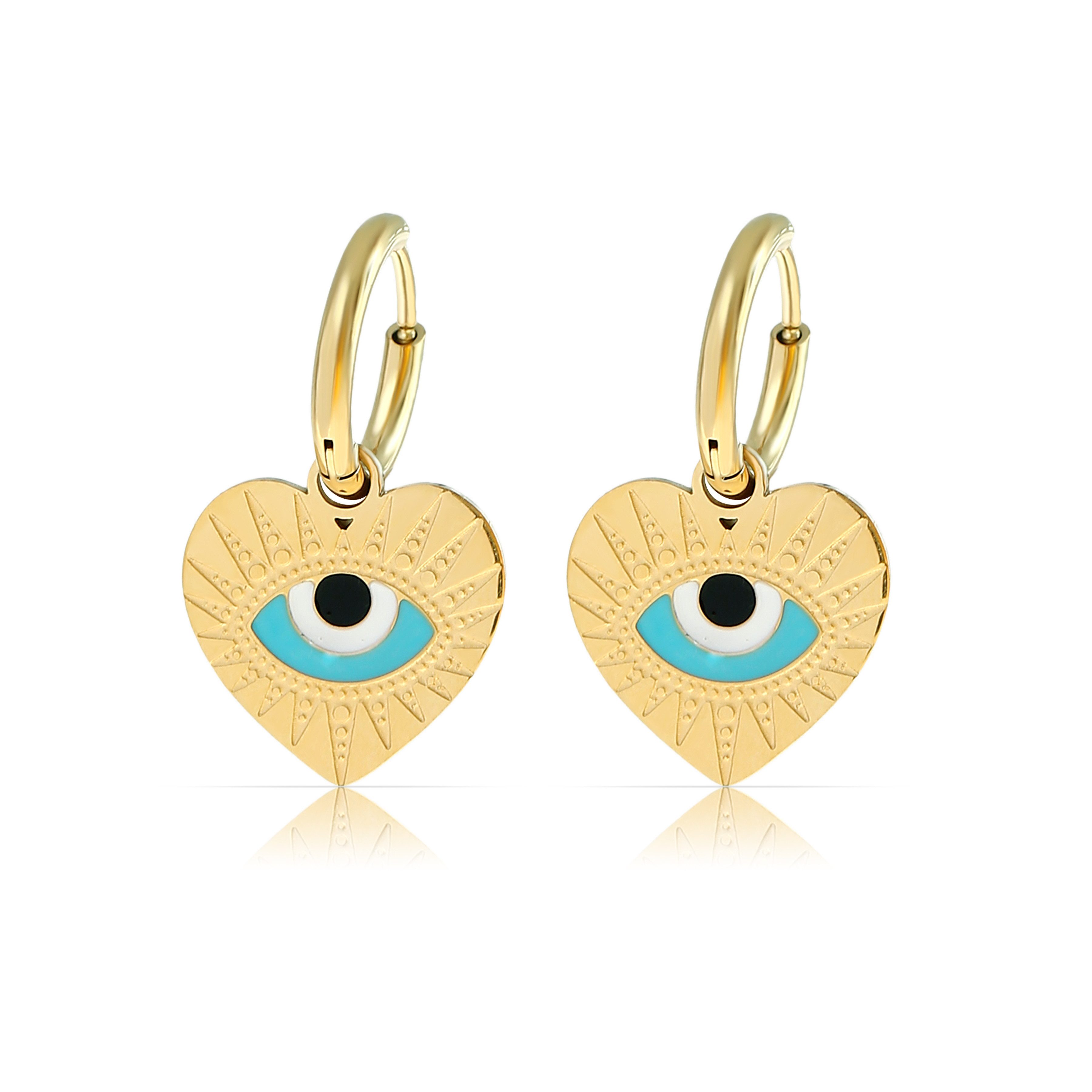 Made by Nami Ohrring-Set Damen Ohrringe gold hängend mit Herz und Evil Eye aus Edelstahl, aus Edelstahl – Boho-Stil – symbolisches Design – hängende Form
