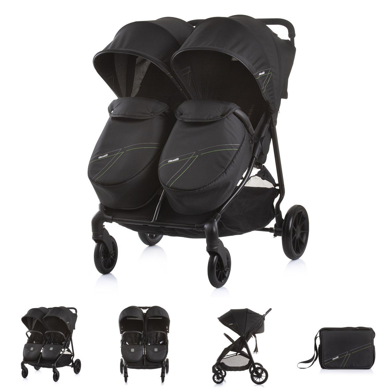 Chipolino Geschwisterwagen Zwillingskinderwagen Top Stars, 77 cm breit, Wickeltasche, Fußsack schwarz