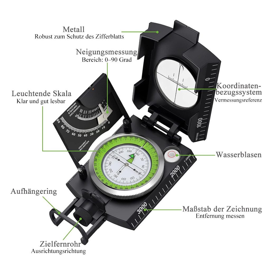 AFKSMILE Kompass Marschkompass Professionelle Taschenkompass Peilkompass mit Klinometer, Kompass mit Tragschlaufe Tasche für Jagd Wandern,Aktivitäten im Freien
