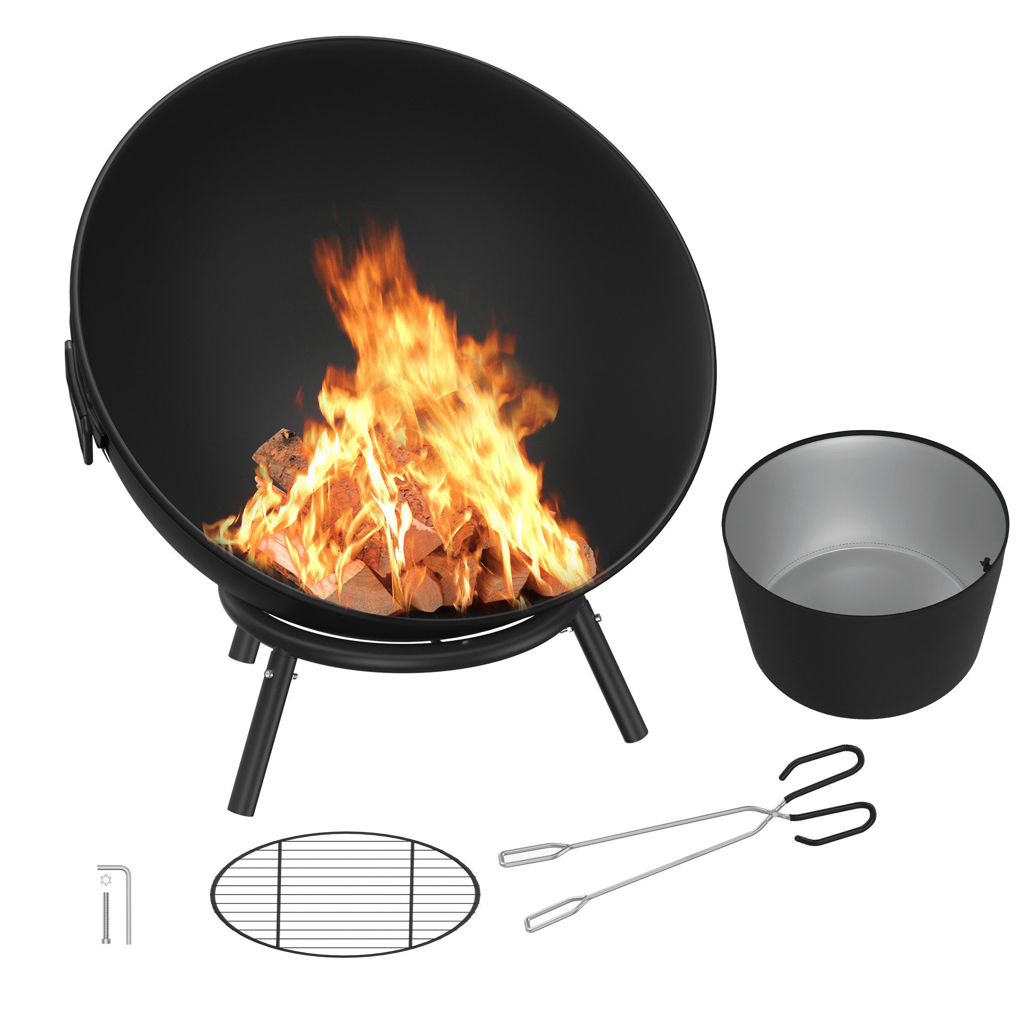 FIVMEN Feuerschale Feuerkorb Kippbare Ø 60cm Feuerstelle mit 3 Dreibein Kohlerost, Feuerkugel Feuertonne Gartefeuer Multifunktional Fire Pit für Heizung