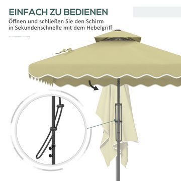 Outsunny Sonnenschirm 243 x 243 cm Ampelschirm mit Doppeldach, Kreuzfuß, UV-Schutz, LxB: 243x243 cm, Balkonschirm, Terrassenschirm, mit 4 Rüschen, Streben, für Garten, Metall, Beige