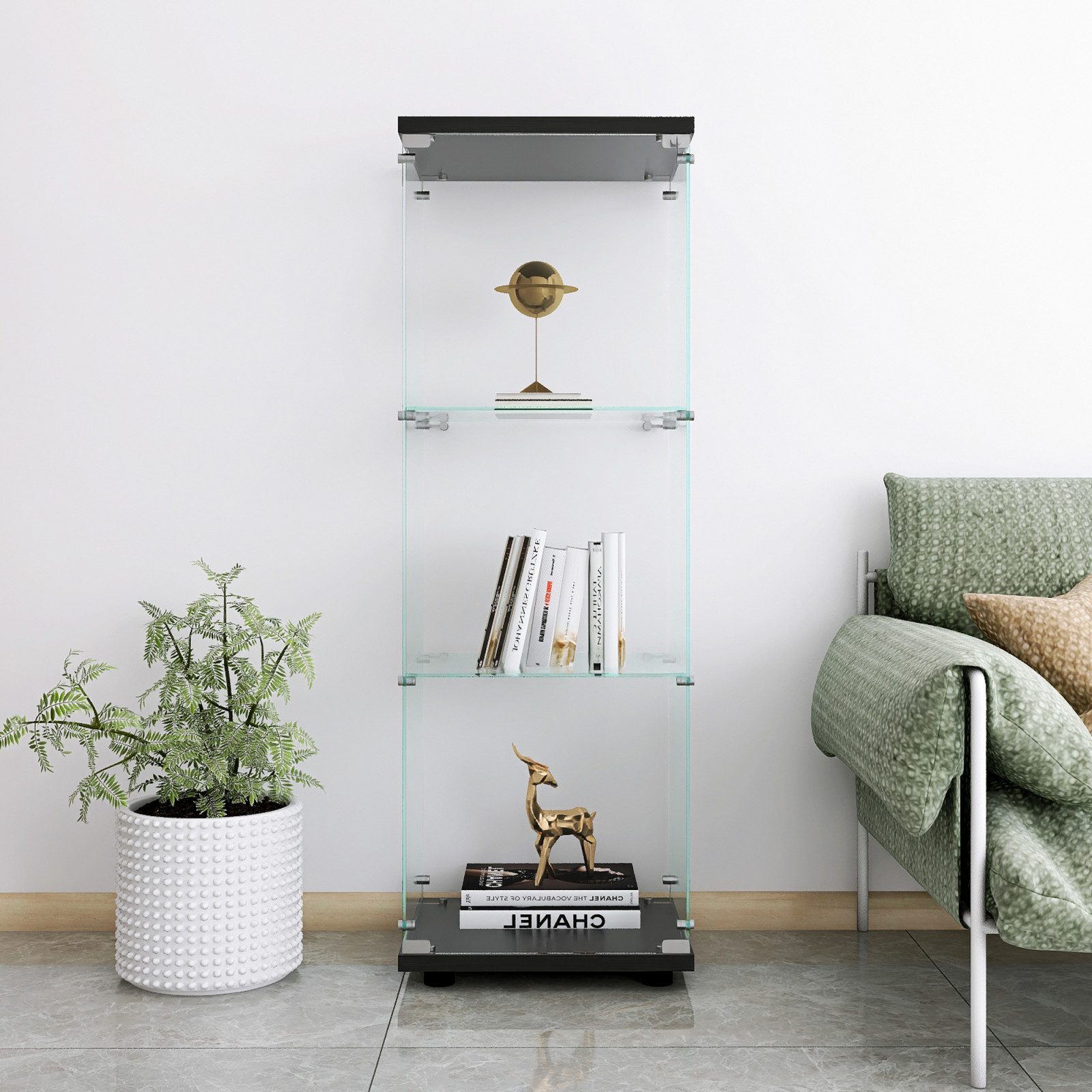 FUROKOY Glasvitrine Standvitrine, Modern Glas Vitrinenschrank (3 Lagen Glasvitrine mit 1 Glastür, Sammlervitrine, für Sammlerstücke Bücher Wein)