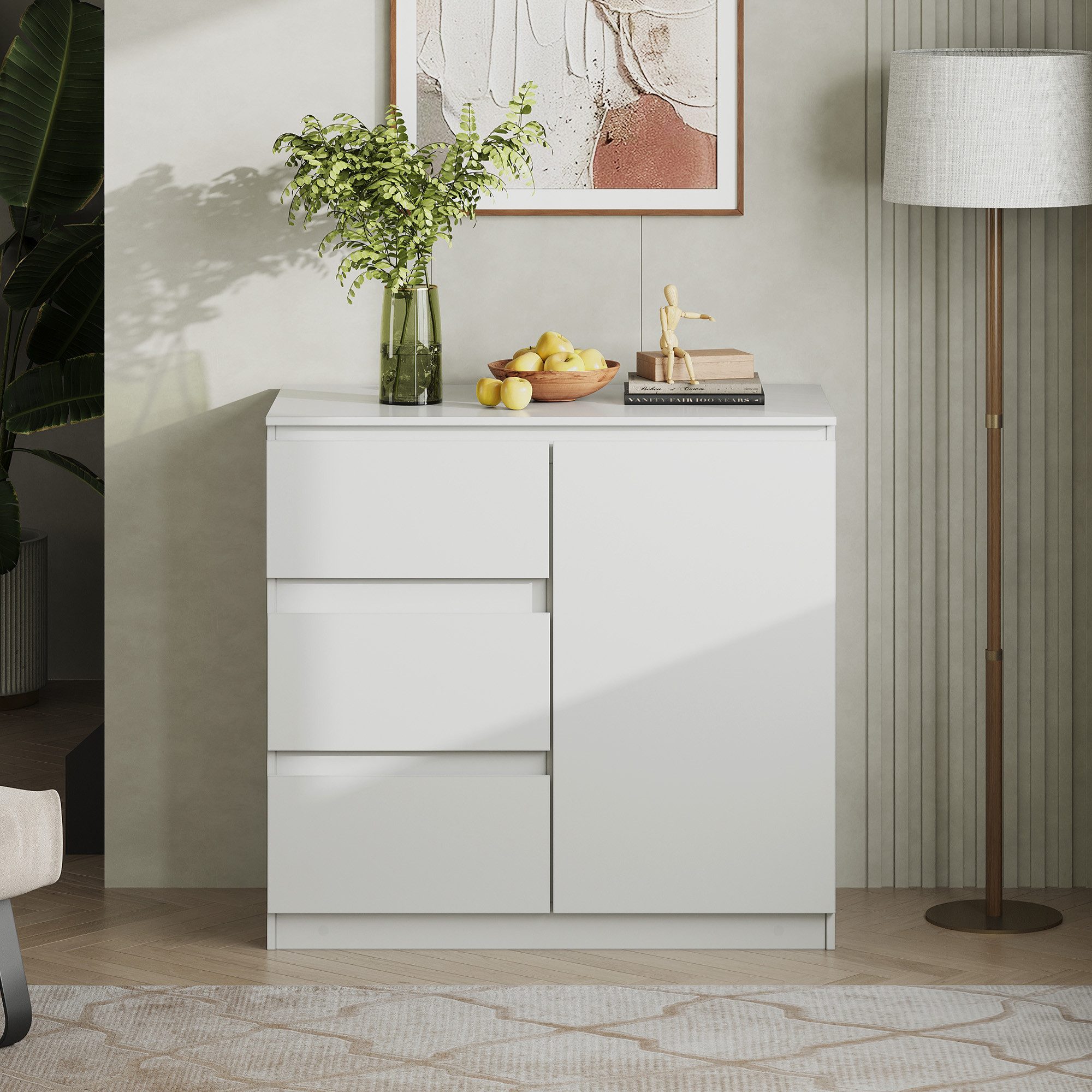 WLIVE Sideboard Kommode, Breite 80 cm, Sideboard mit 3 Schubladen & 1 Tür, (Packung, leise Schienen, viel Stauraum), Soft-Close-Funktion, Anrichte für Wohnzimmer & Flur, Weiß