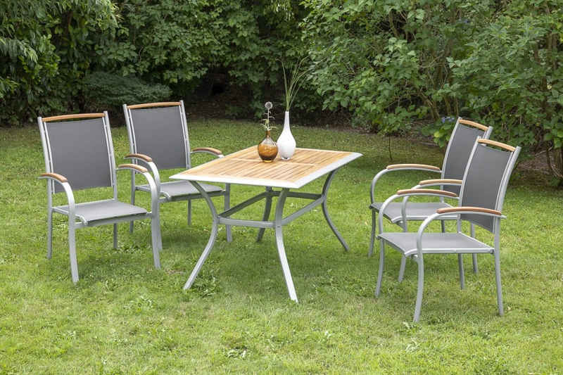 MERXX Garten-Essgruppe Siena, (Set, Tisch, 4 Stapelsessel, Aluminium mit Textilbespannung und Akazienholz), 1 Tisch mit platzsparenden Stapelsesseln