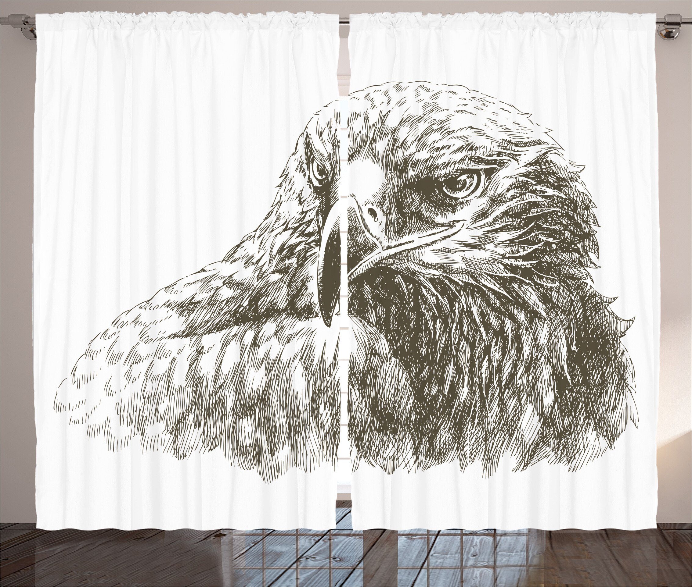 Gardine Schlafzimmer Kräuselband Vorhang mit Schlaufen und Haken, Abakuhaus, Schwarz-Weiss Eagle-Tier-Kunst