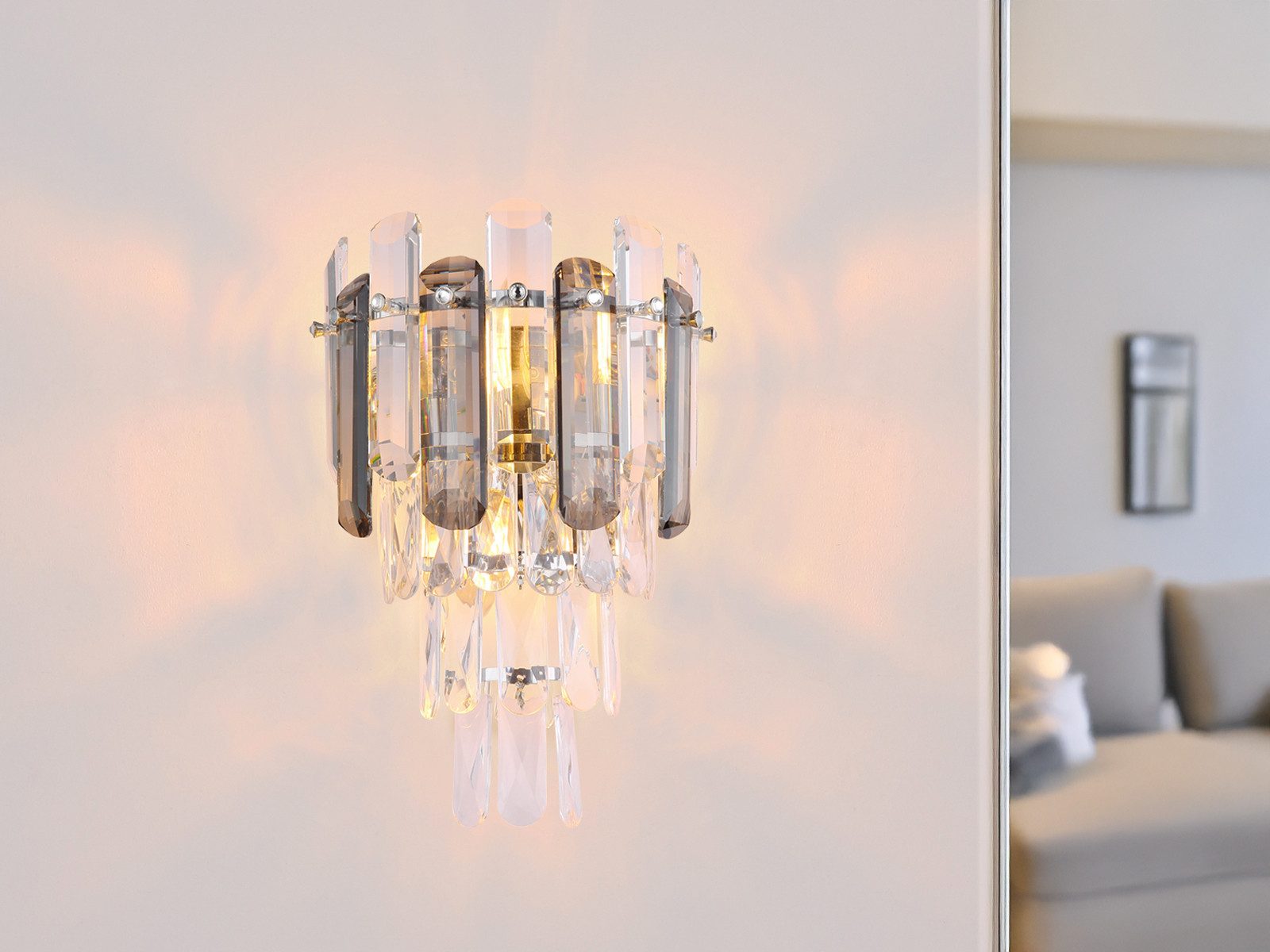 GLOBO LIGHTING LED Wandleuchte mit Acryl Kristallen & Glasstäben H:34cm, Dimmfunktion, LED wechselbar, warmweiß, groß-e besondere Wandlampe innen mit Designer Lampenschirm Rauchglas
