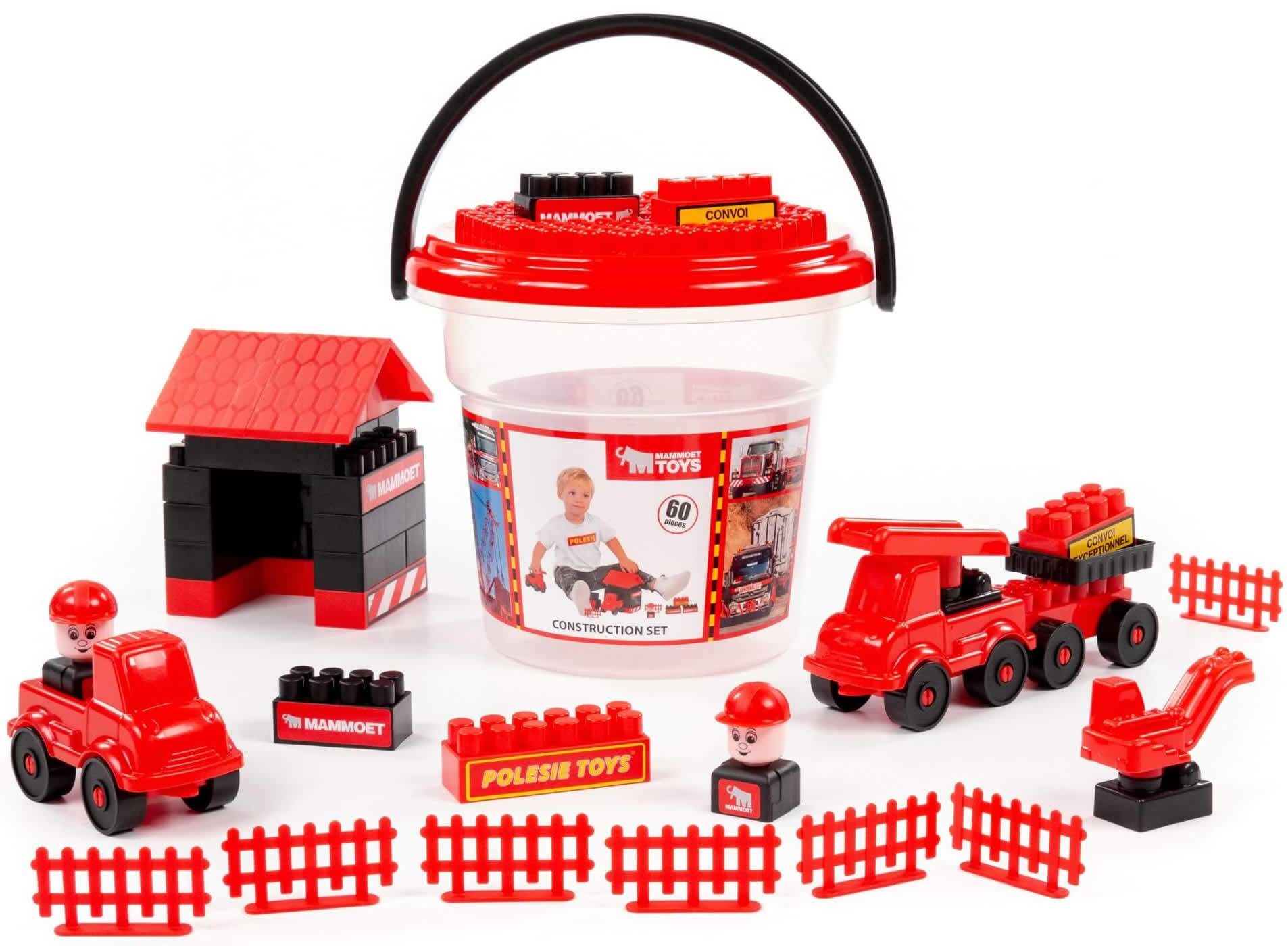 Polesie MAMMOET Bausteine 60-tlg. mit Zubehör Kinder Steckbausteine im Eimer Spielbausteine, (60 St)
