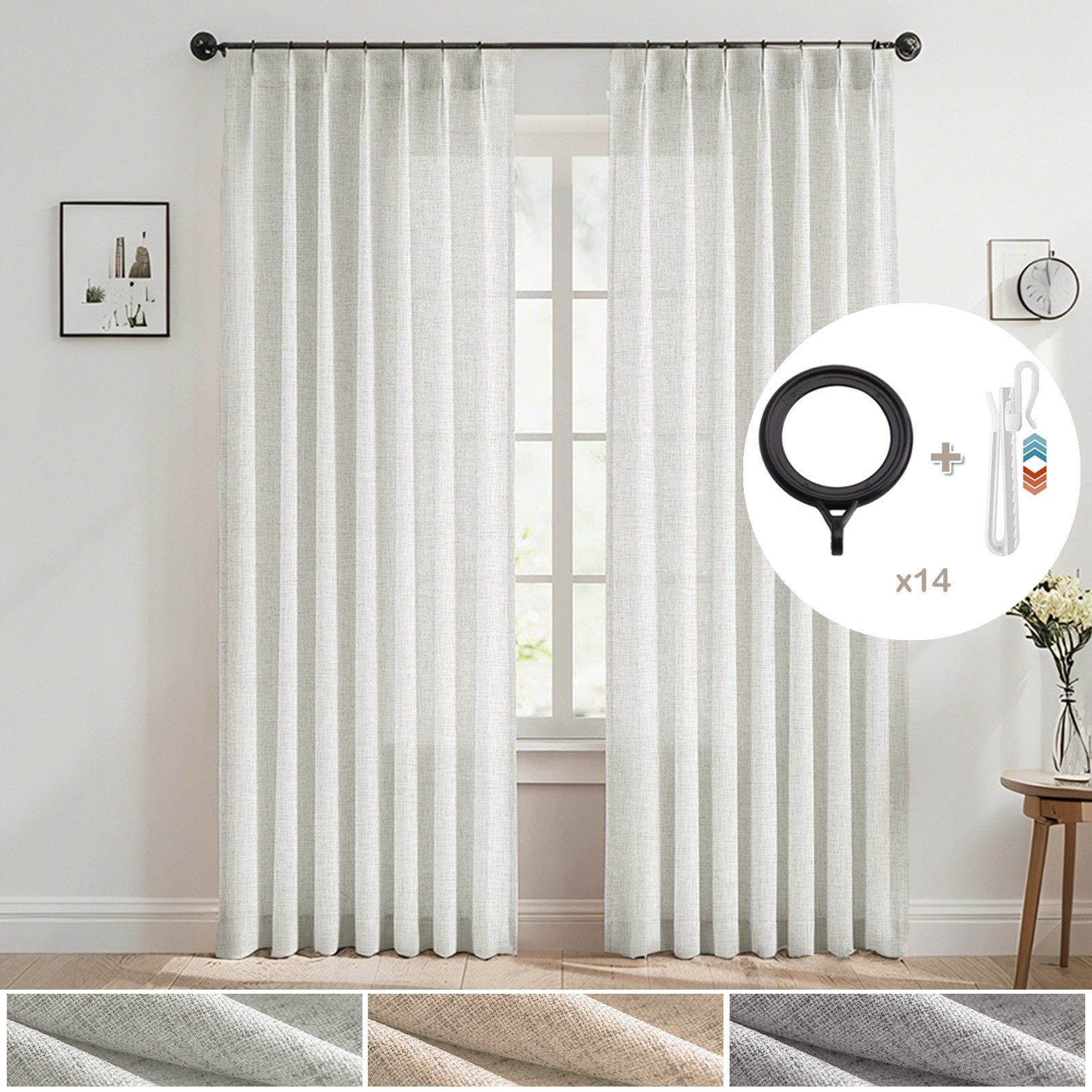SERBASIC Gardine Leinenoptik Halbtransparente Vorhänge mit Quetschfalten, 2 Stück, Mit Häkchen und Ringen für Wohnzimmer, Schlafzimmer, Terrasse