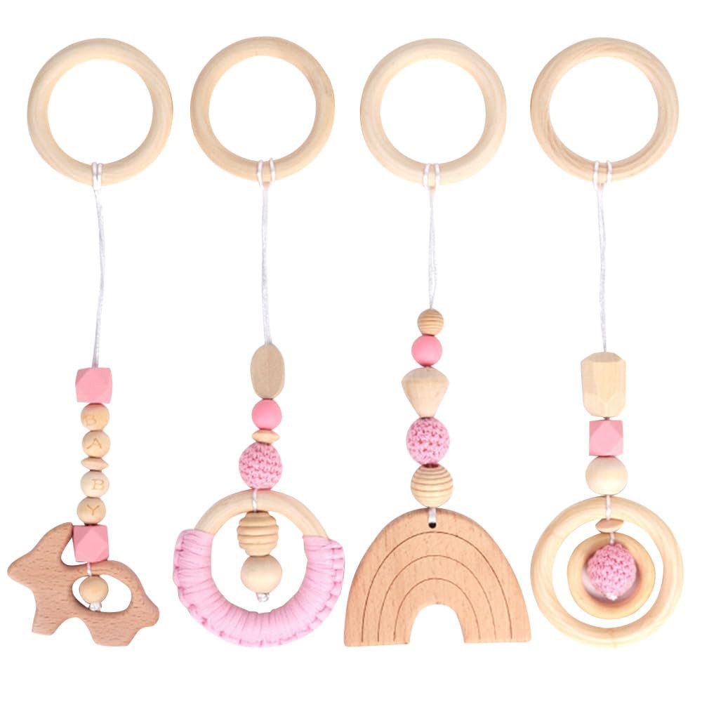 CLTYQ Beißring Baby Spielzeug ab 0 Monate 4 Stück Spielebogen Babies Toys, (4-tlg), Spielbögen Baby Gym Anhänger Holz für Mädchen Jungen