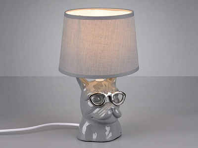 meineWunschleuchte LED Tischleuchte, mit Lampenschirm Stoff - Klein - Konisch - Grau, Kleine ausgefallene Keramik Hunde-Lampe, Hunde-Kopf mit Bart und Brille