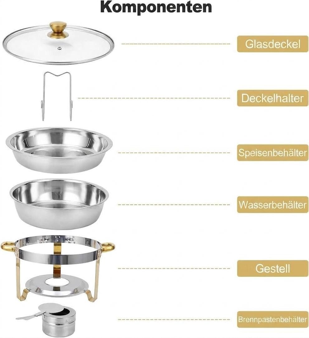 GarveeMore Speisenwärmer 5L runde Edelstahl-Chafing-Dishes und Warmhaltebehälter, (2-tlg), mit Deckelhalter und Glasdeckel für Catering,Partys,Abendessen